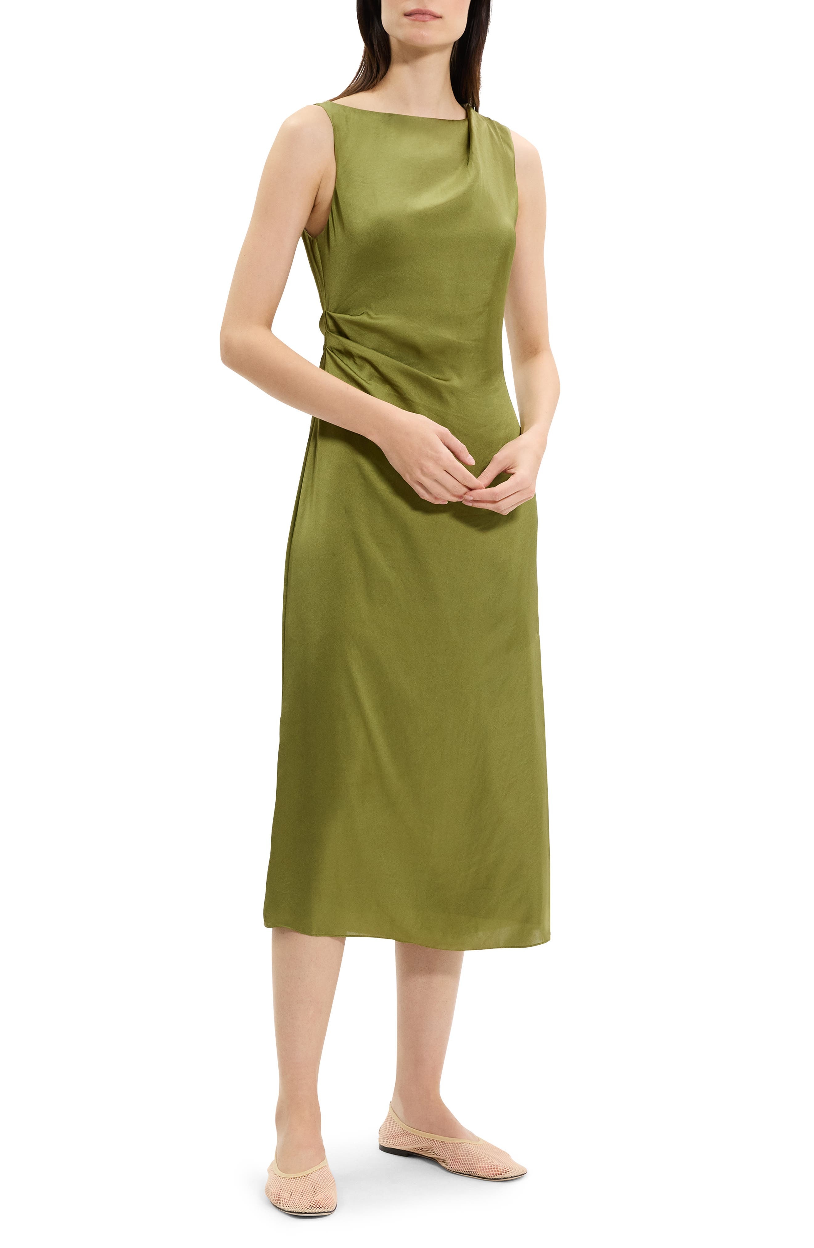 Theory Ruched Sleeveless Midi Dress in Avocado at Nordstrom - 3