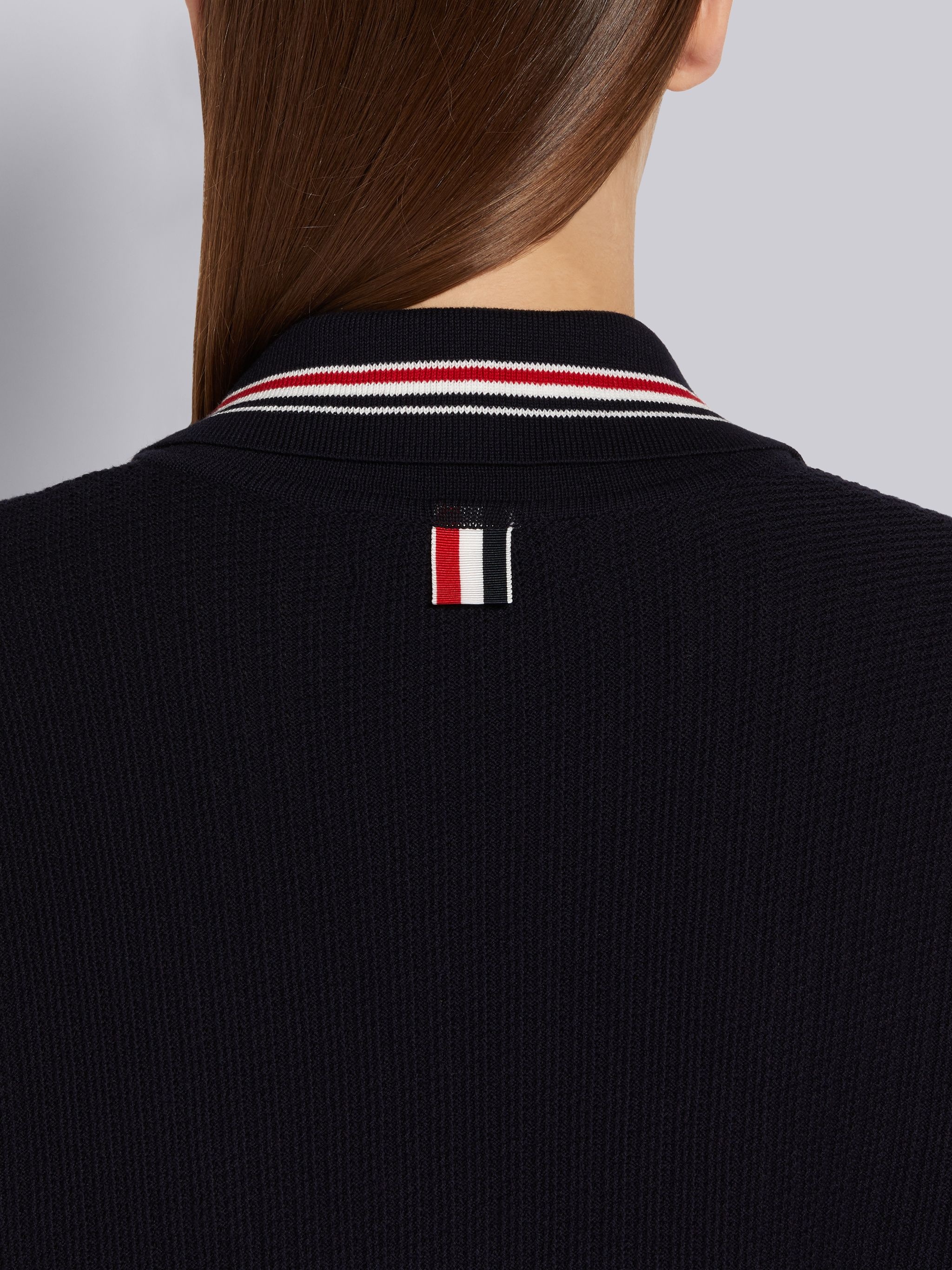 Navy Overtwisted Cotton Textured Stitch Stripe Long-sleeved Polo Dress - 6
