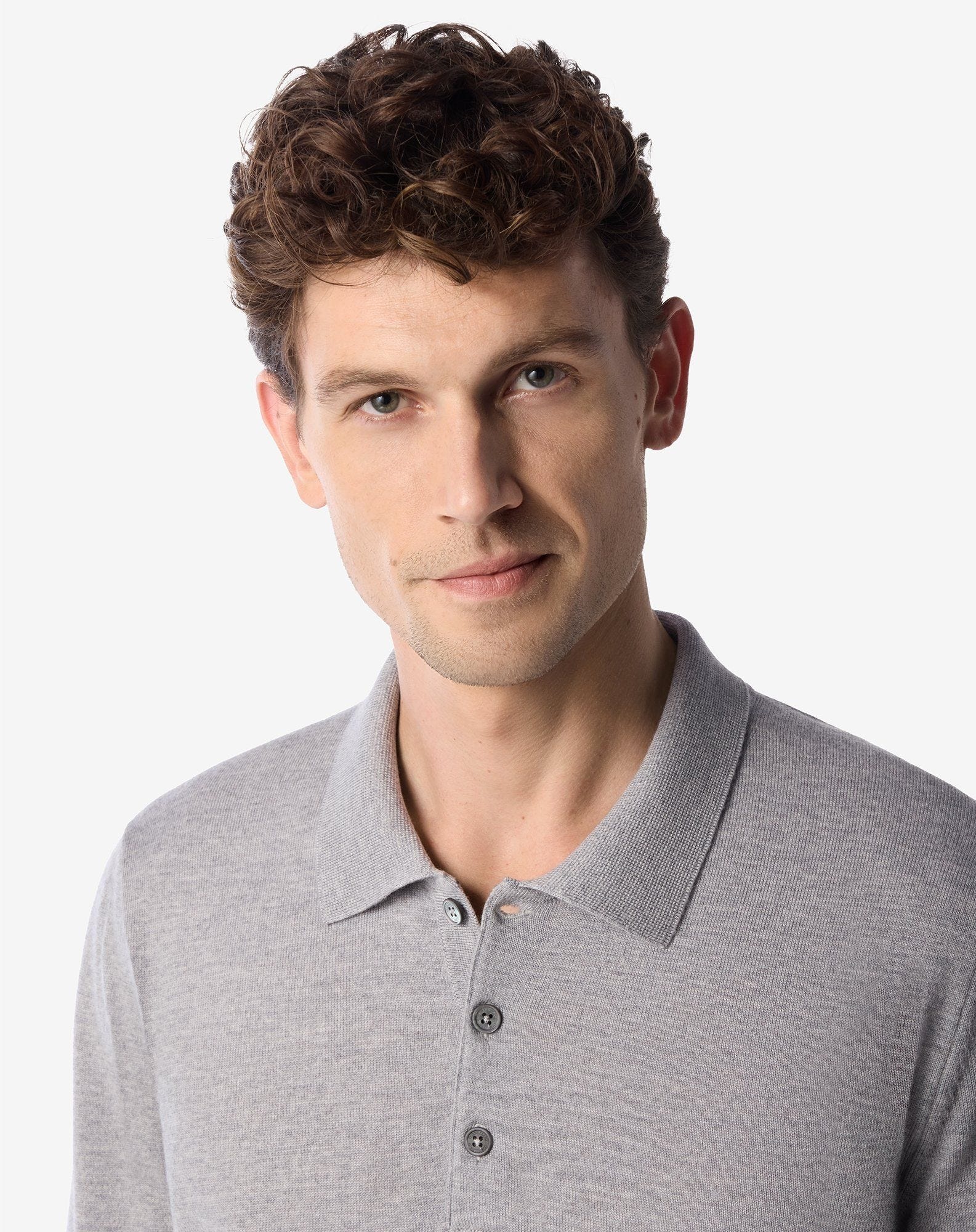 Light melange grey extra fine merino wool button-up polo - 2