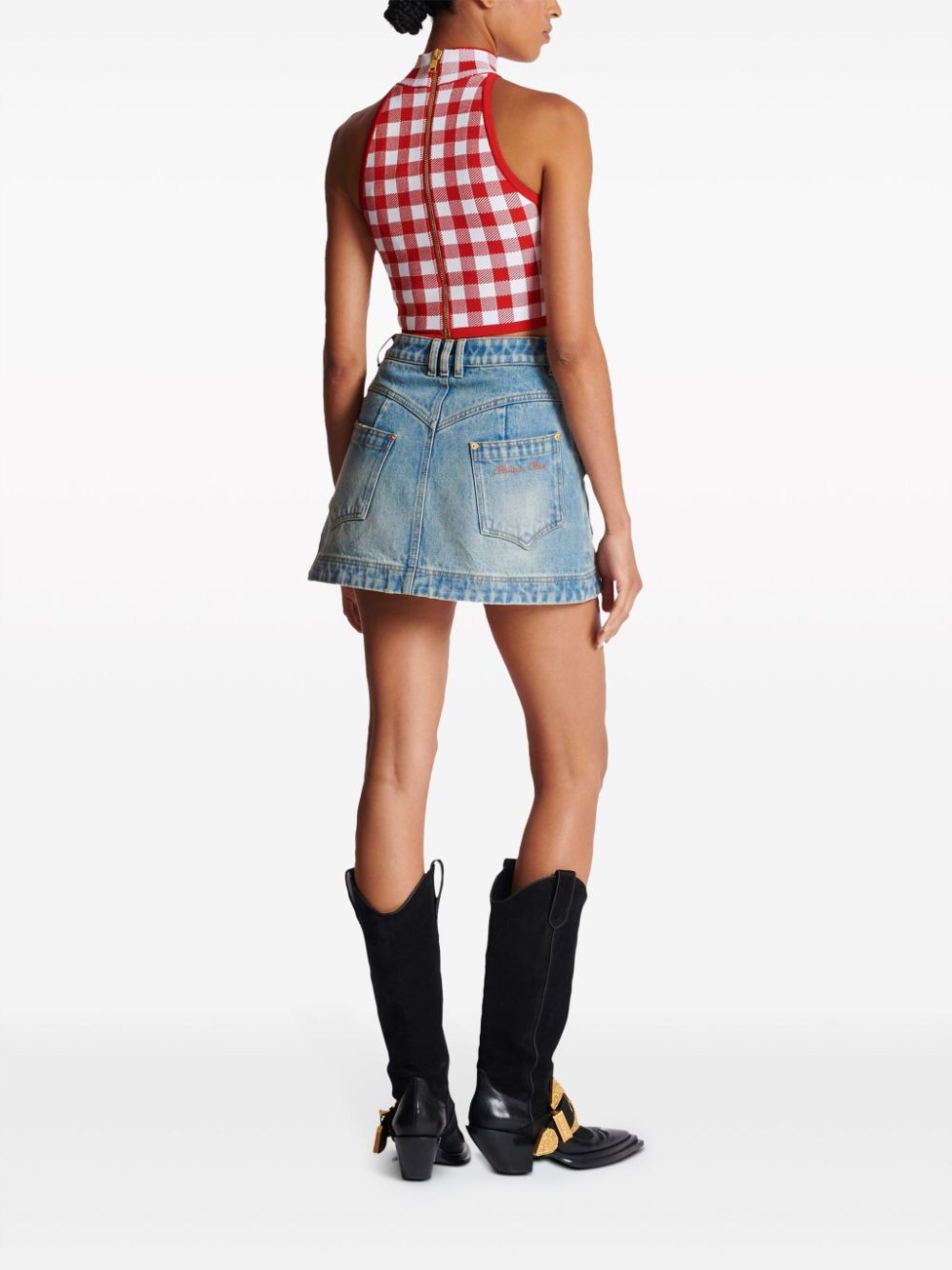 gingham-check pattern zip-up top - 4
