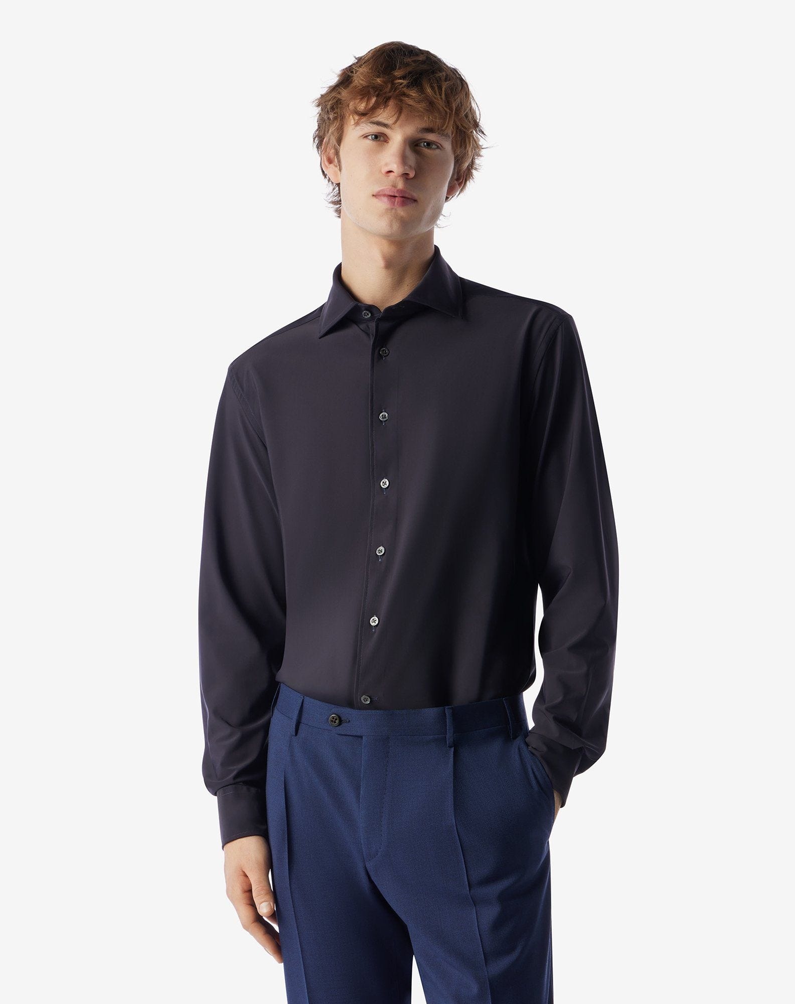 Navy blue bi-elastic fabric shirt - 2