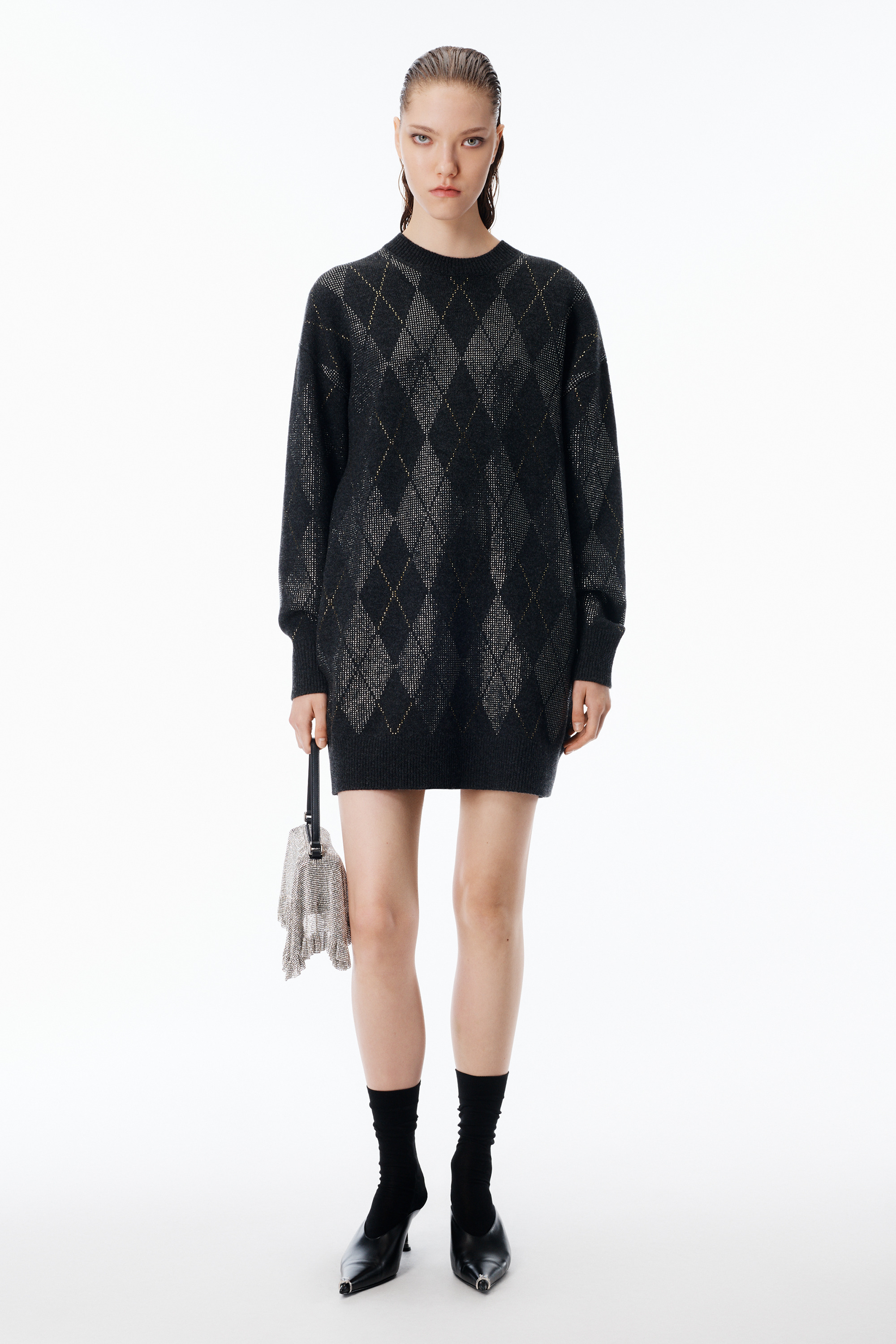 Crystal Hotfix Argyle Wool-Blend Dress - 2