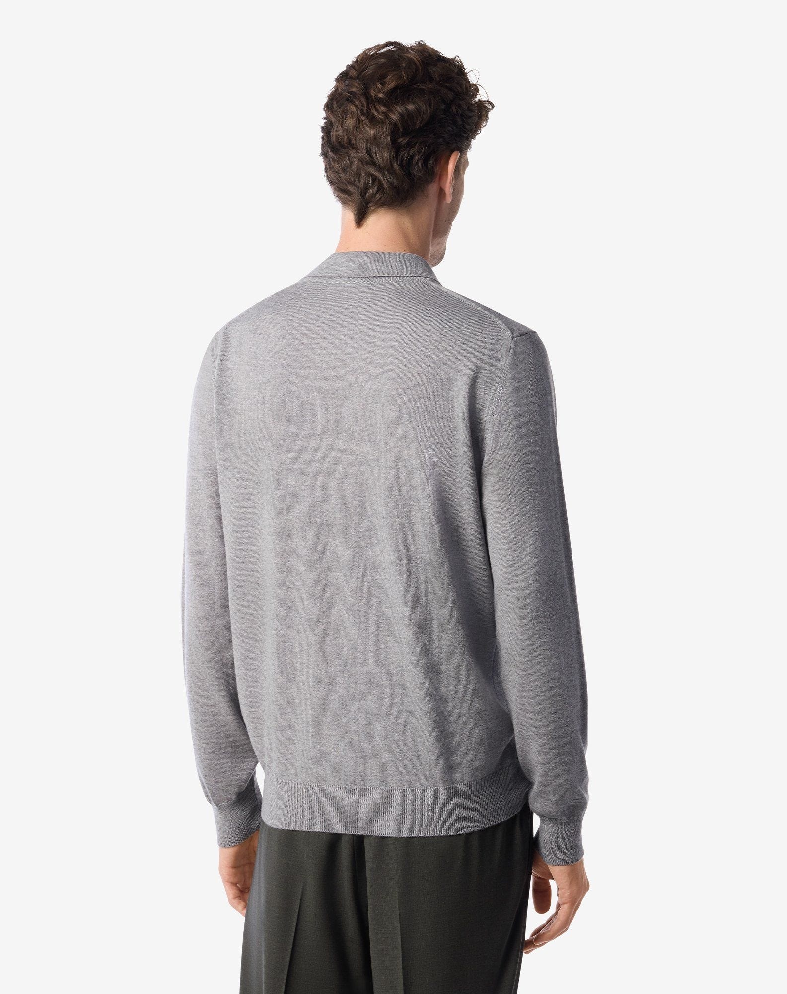 Light melange grey extra fine merino wool button-up polo - 3