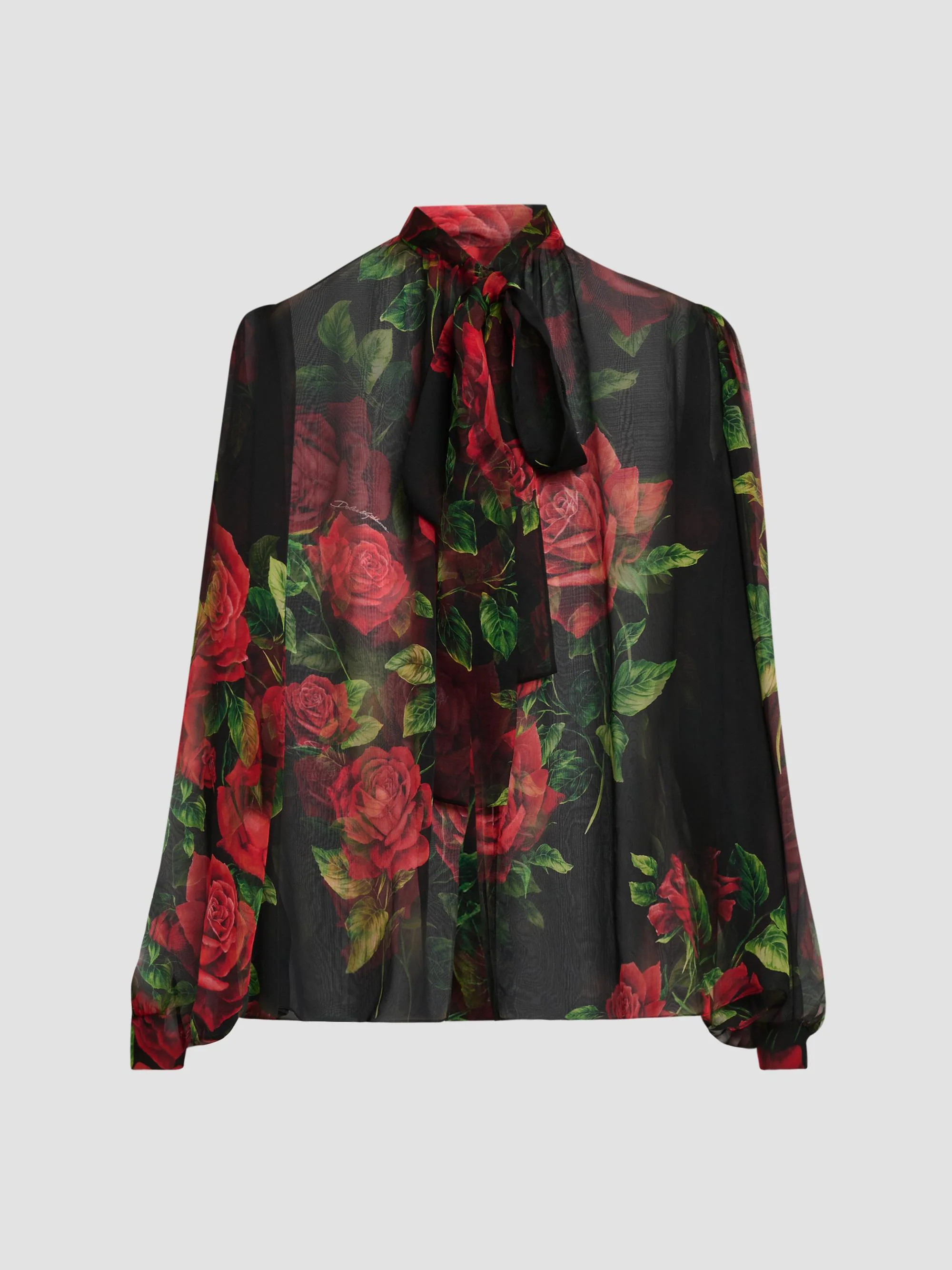 Women's Sheer Floral Silk Pussy-Bow Collar Blouse - Rose Rosse Nero - 1