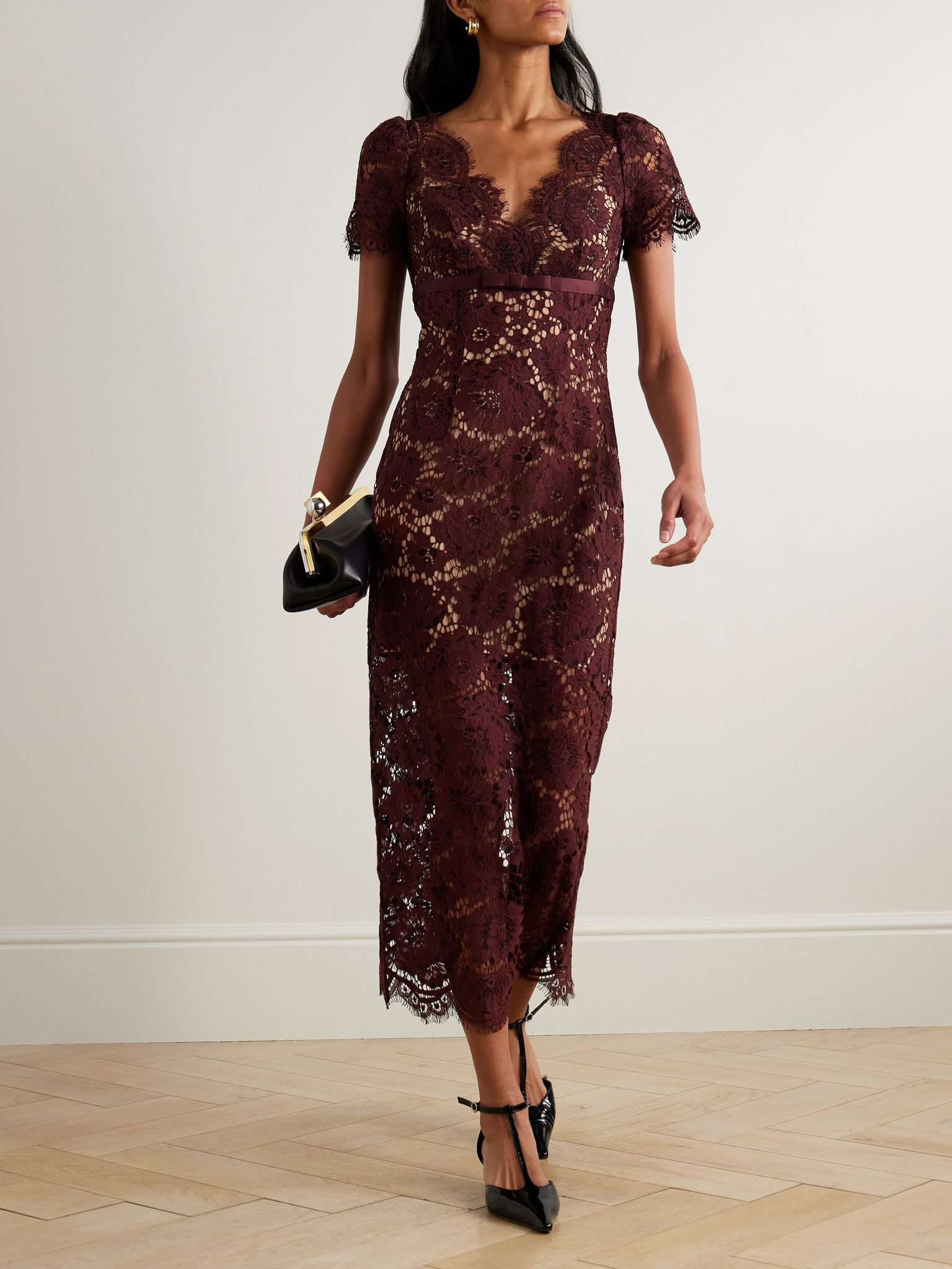 Bow-detailed floral lace midi dress Burgundy - 2