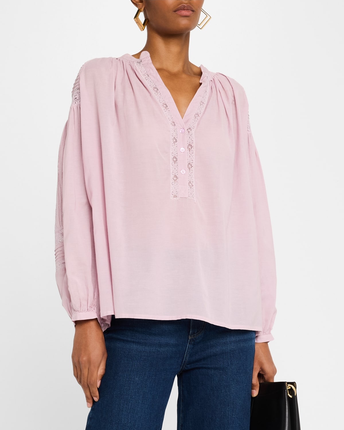 Ruched Lace-Inset Pintuck Blouse - 4