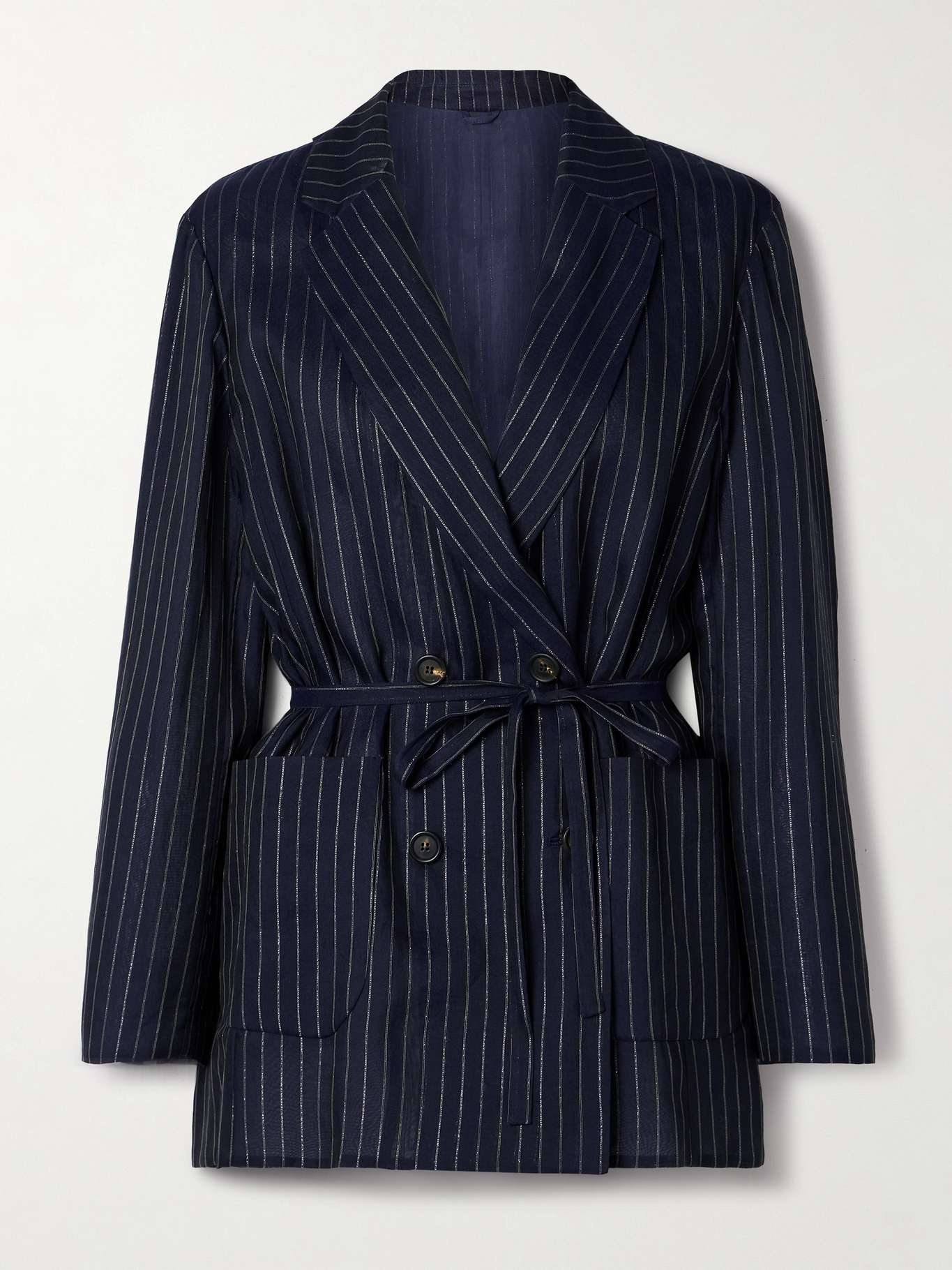 Double-breasted belted metallic pinstriped cotton-blend blazer - 1