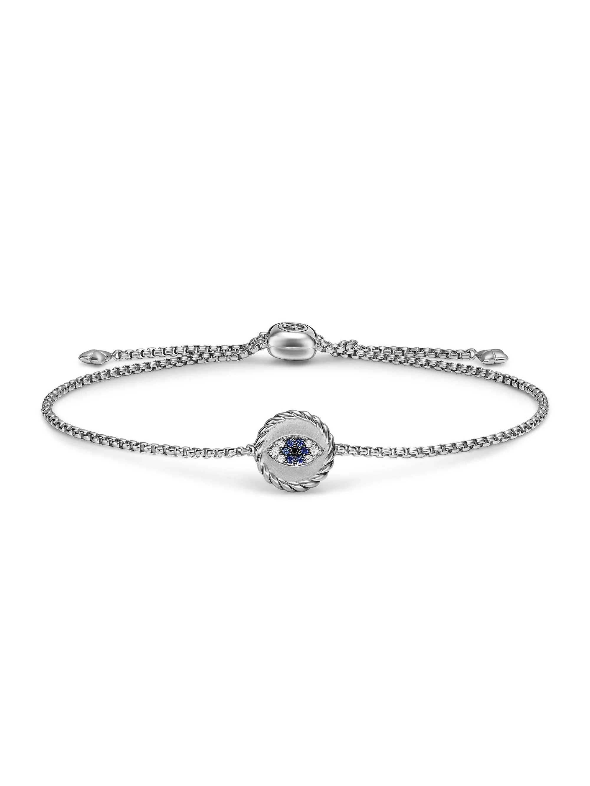 Women's Evil Eye Bracelet in Sterling Silver with Light Blue Sapphires, Black Diamonds and Diamonds - 1