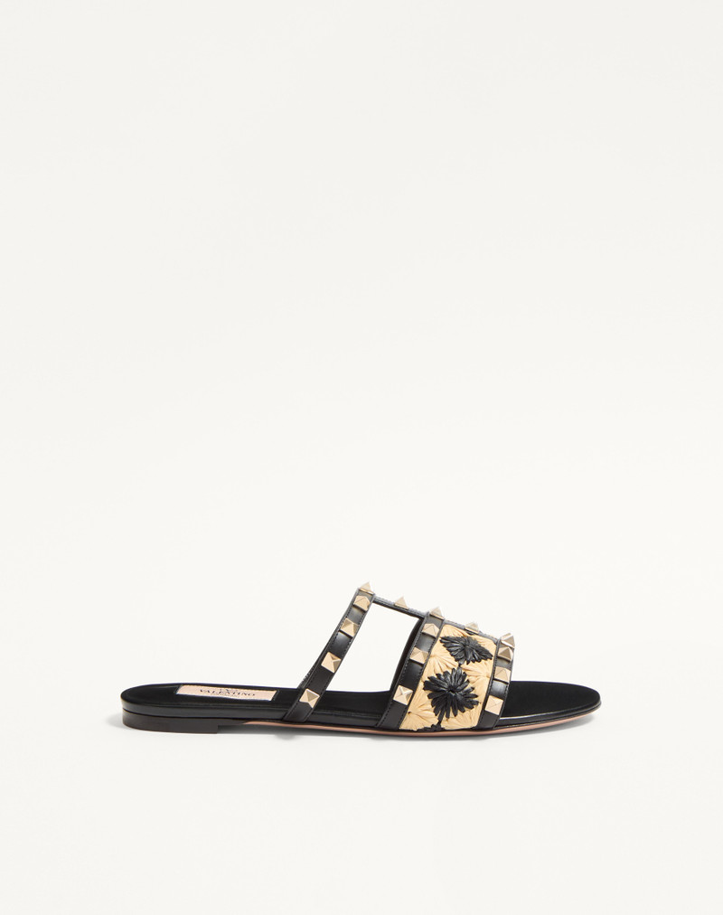 ROCKSTUD SLIDE SANDAL WITH RAFFIA CHECK EMBROIDERY 1