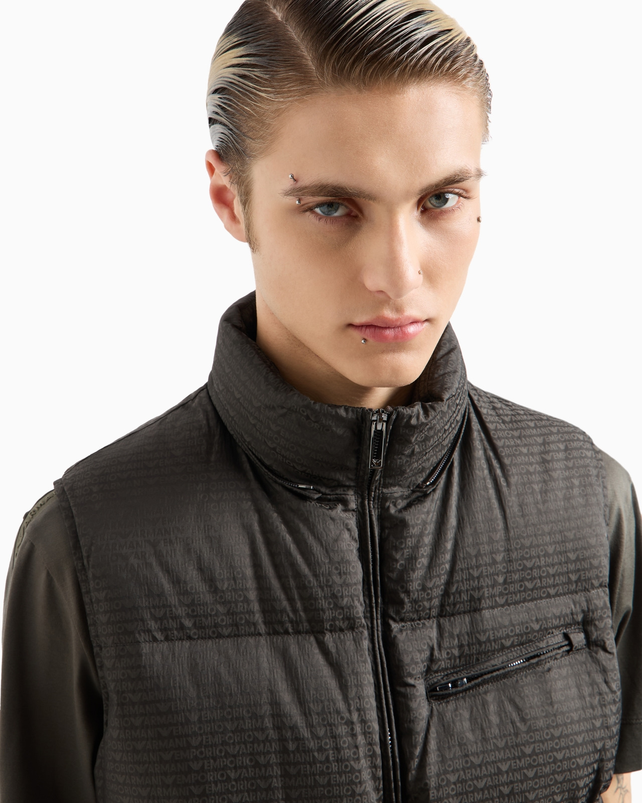 Zipped, hooded sleeveless down jacket in jacquard nylon with all-over logo lettering - 5