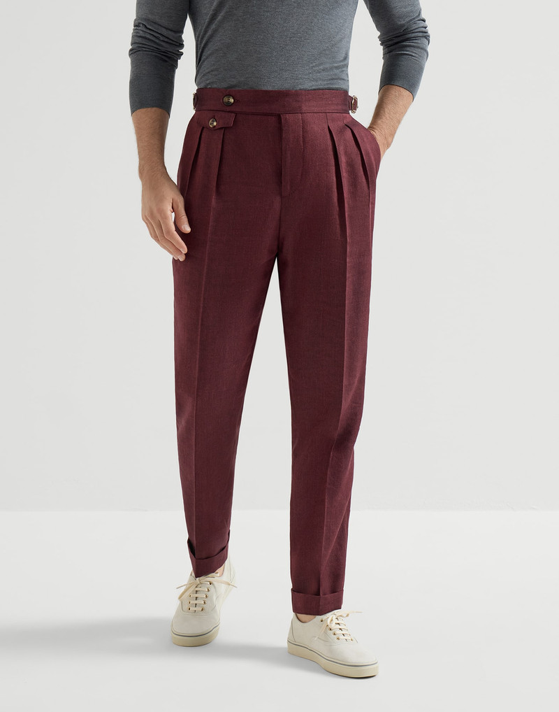 Linen and virgin wool chevron trousers with double pleats and waist tabs 2