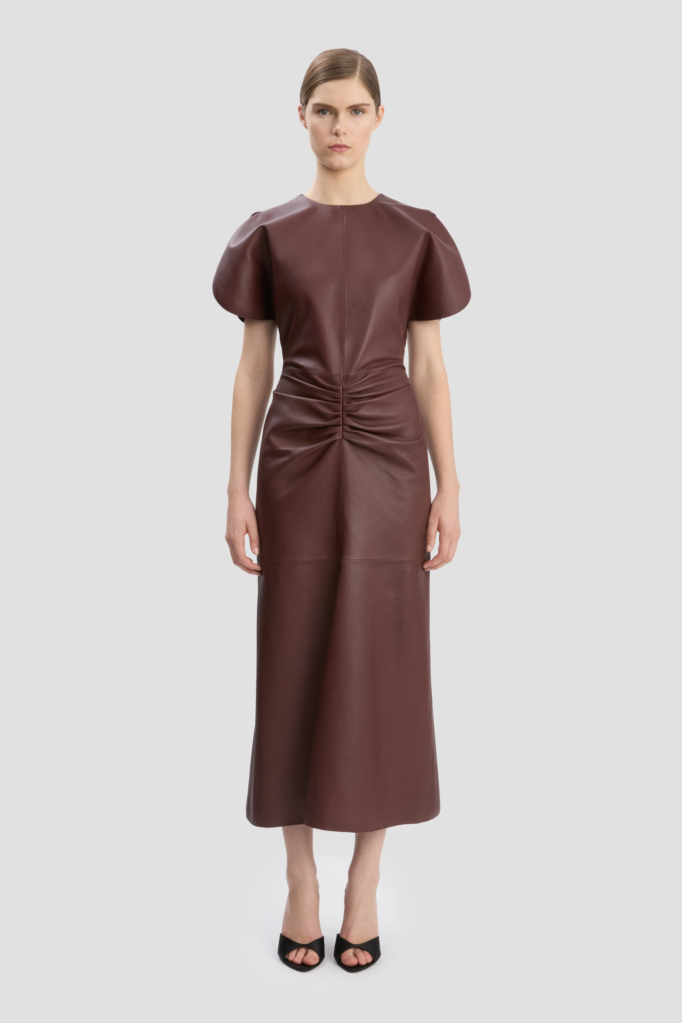 Gathered Waist Midi Dress In Soft Burgundy Leather - 2