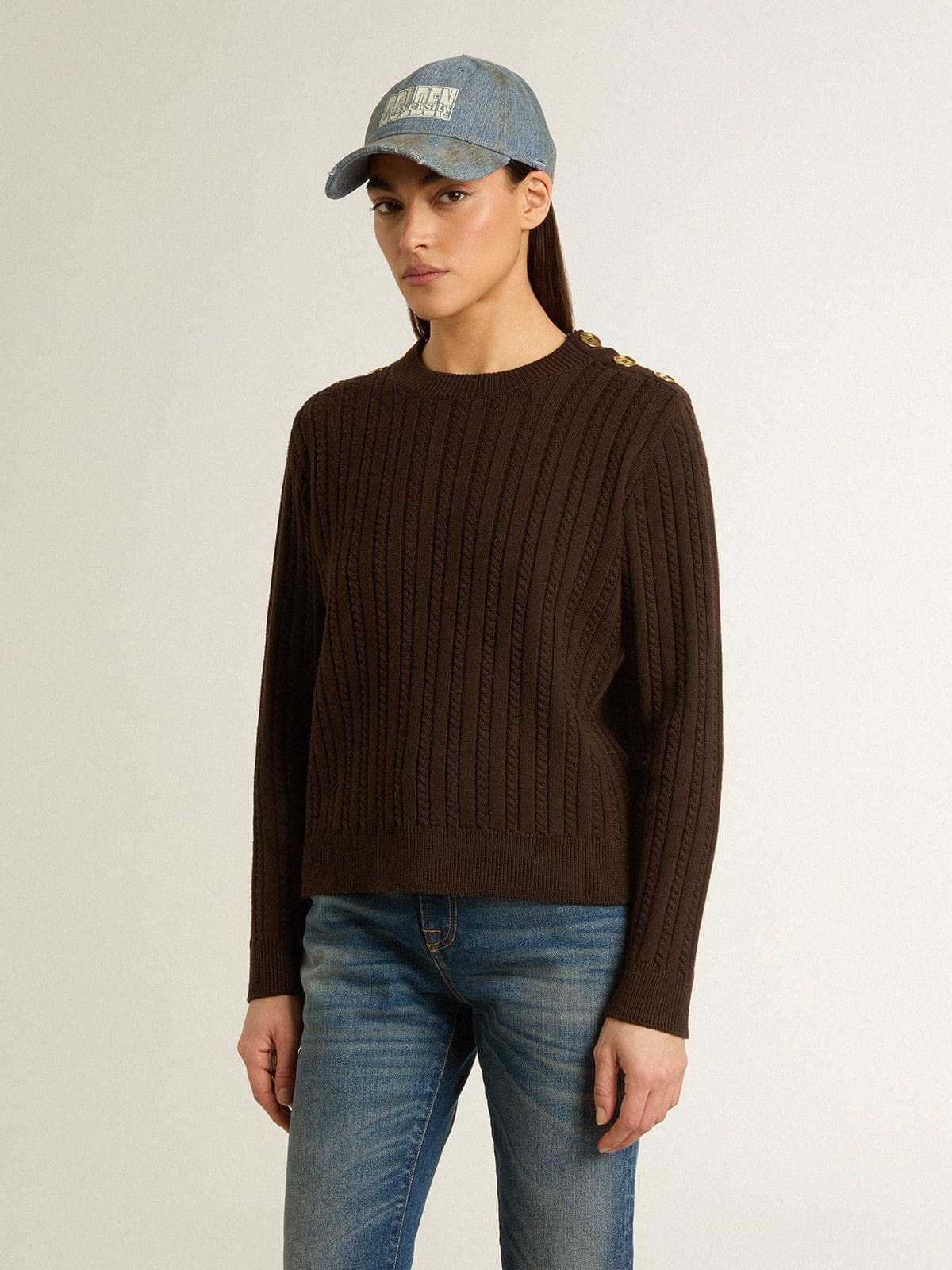 Women's crew-neck sweater in wool blend with gold buttons - 2