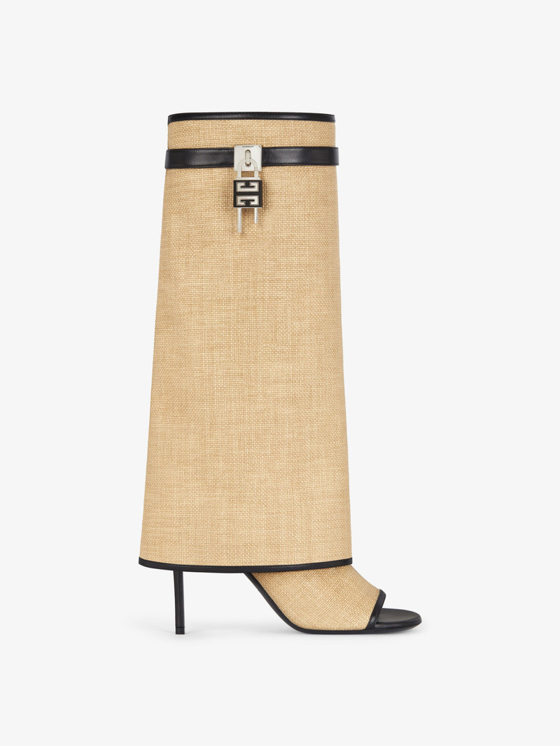 SHARK LOCK STILETTO SANDAL BOOTS IN RAFFIA 1