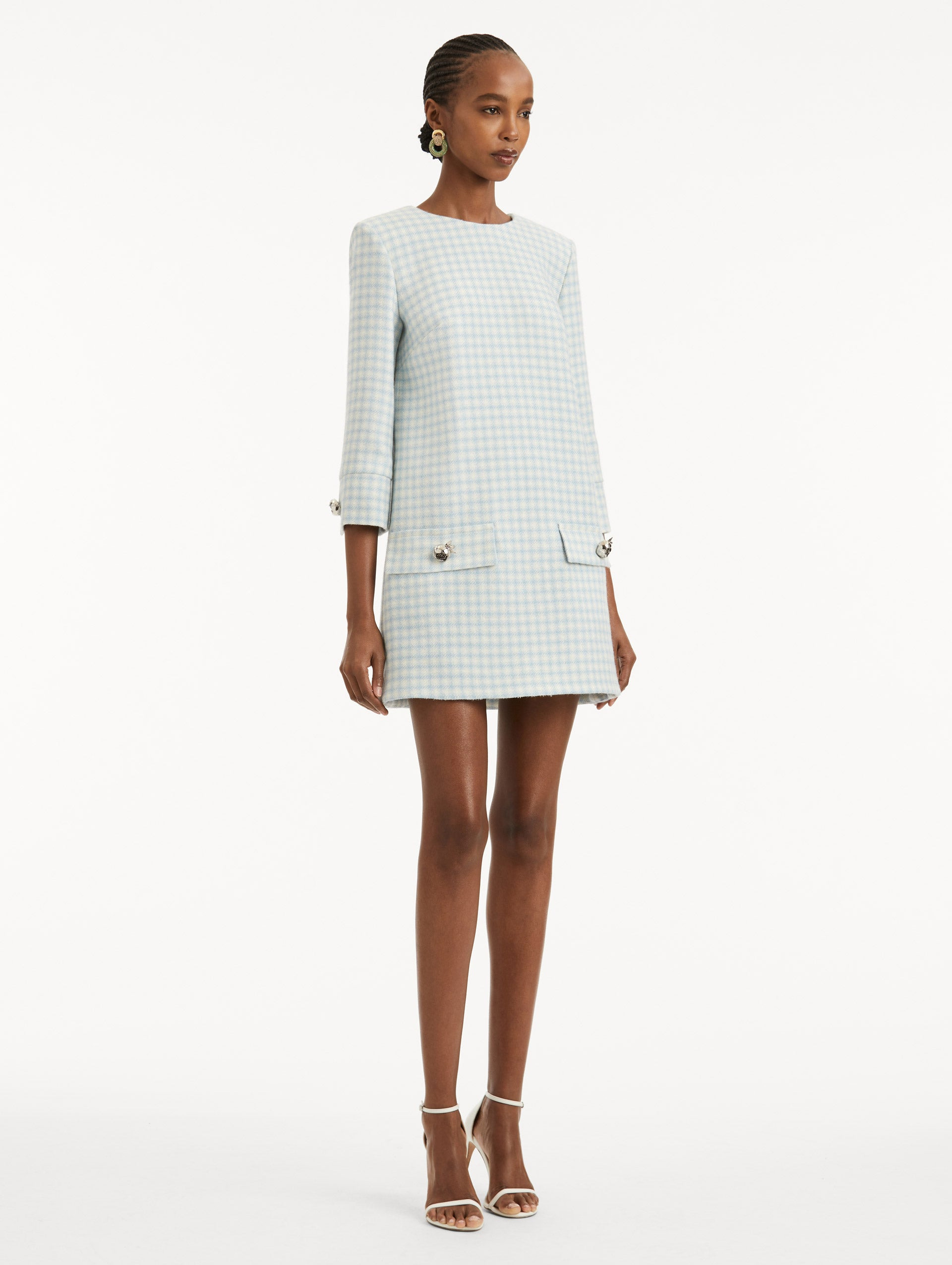 CHECKED TWEED LONG SLEEVE DRESS - 4