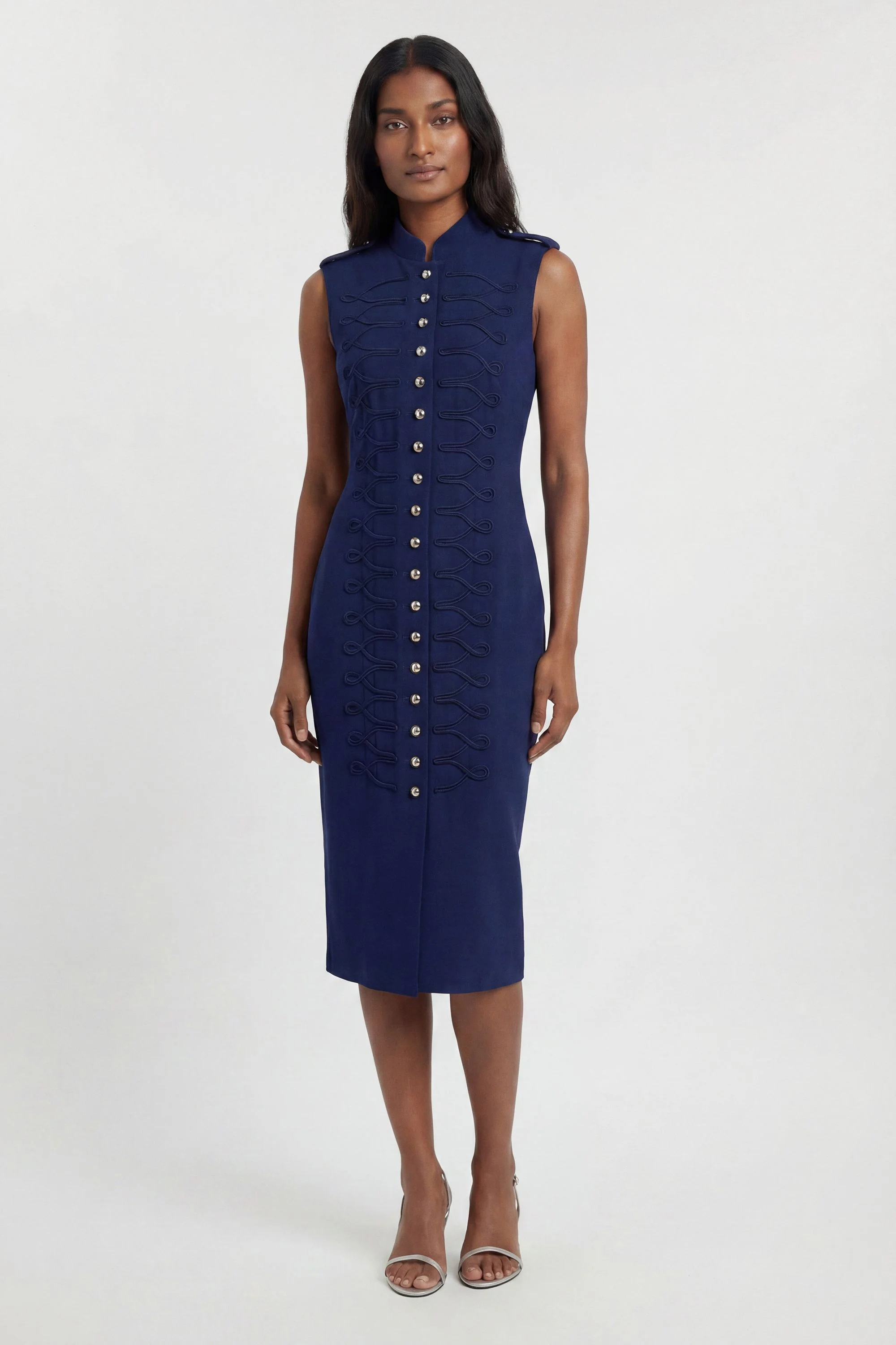 Compact Stretch Button Detail Straight Pencil Dress - 1