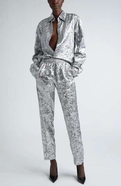 LaQuan Smith Crinkle Metallic Plunge Neck Button-Up Shirt outlook