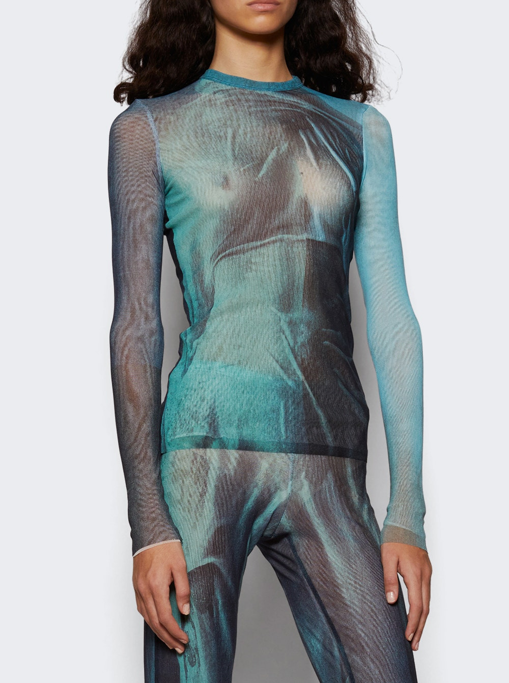 Mesh Long Sleeve Top Blue Water Print - 2