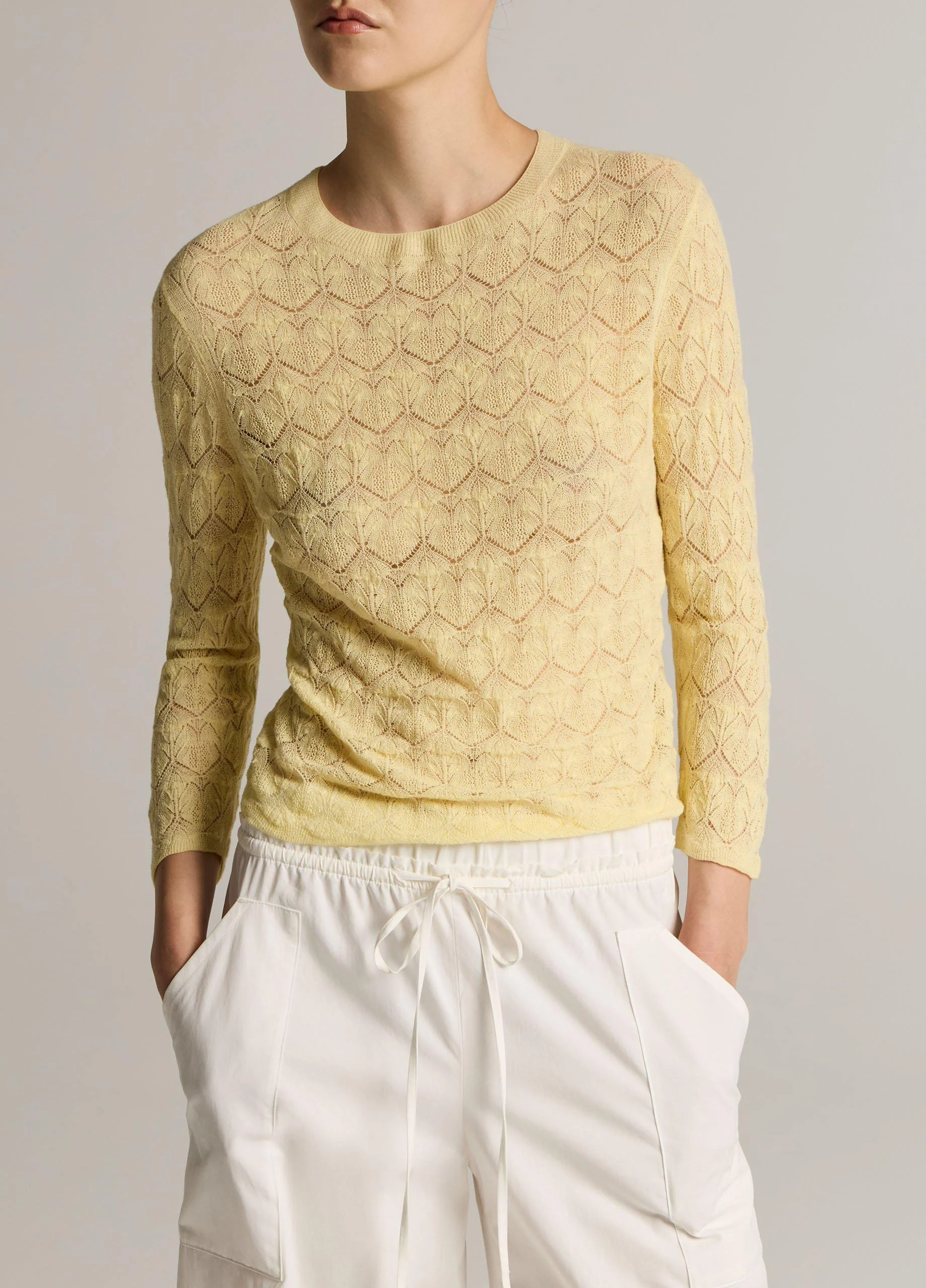 Fine Lace Cotton Three-Quarter-Sleeve Crew Neck Sweater - 1