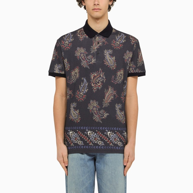 Black short sleeved polo with Paisley print - 1