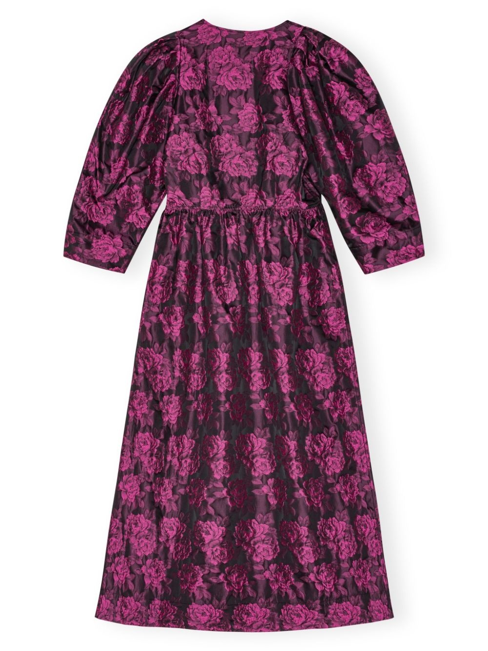 botanical-jacquard puff-sleeves midi dress - 6