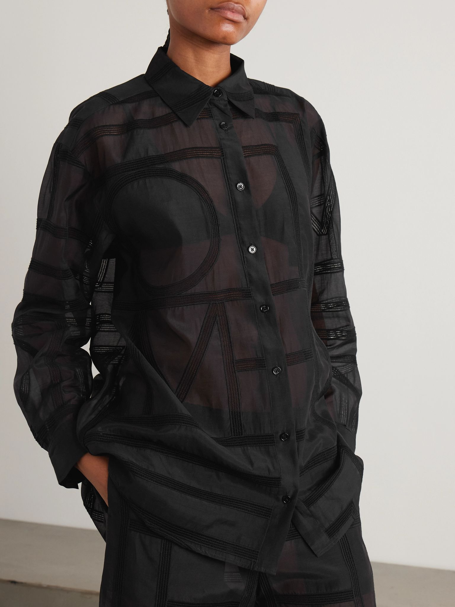 Embroidered organic cotton and silk-blend voile shirt Black - 3