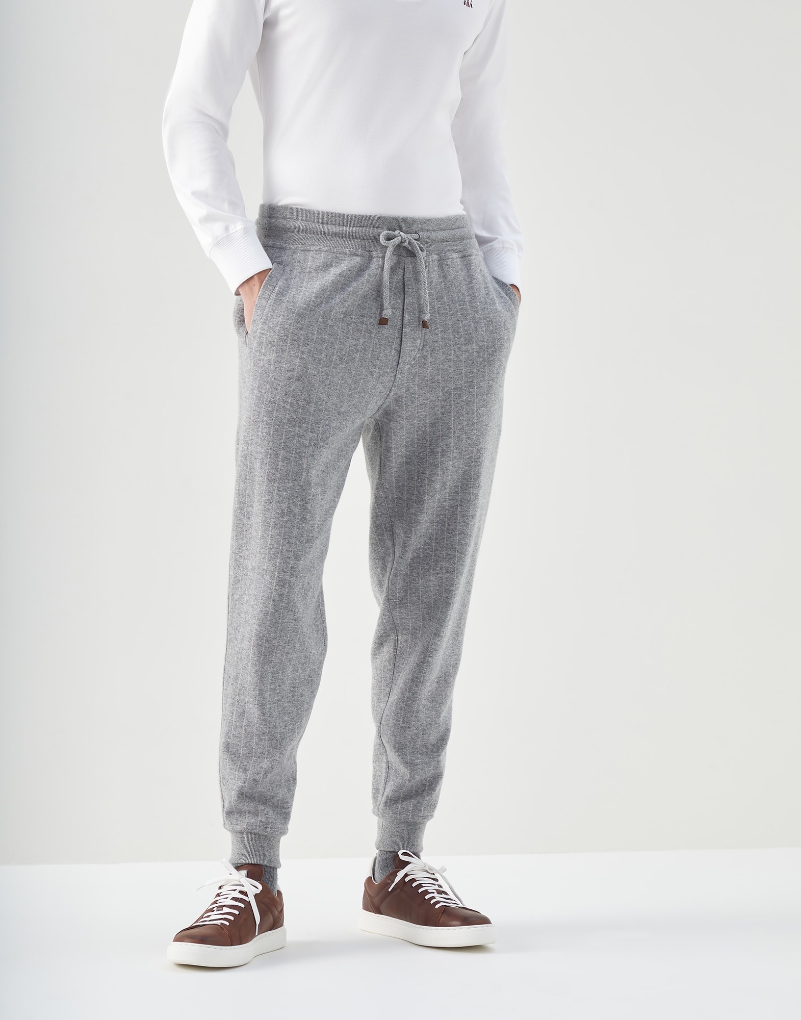 Cashmere and cotton chalk stripe French terry trousers with drawstring waistband and elasticated cuf - 1