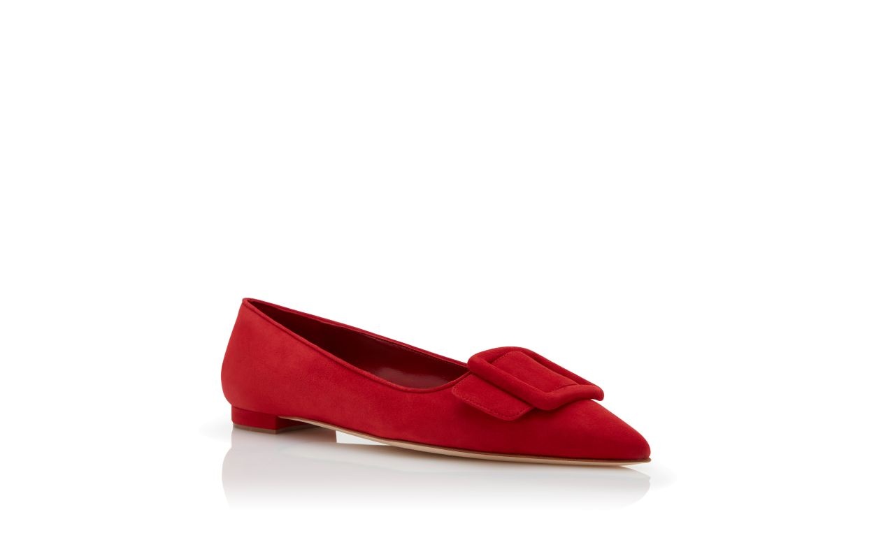 Red Suede Buckle Detail Flat Pumps - 3