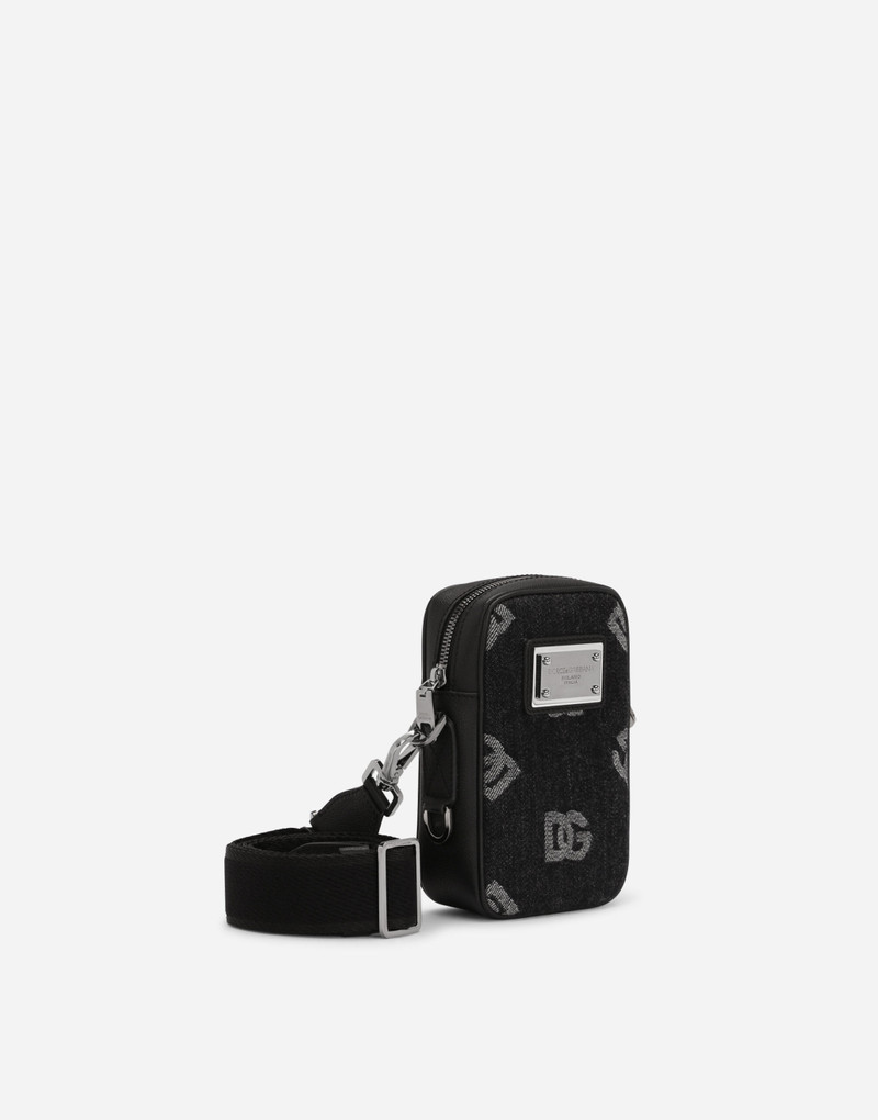 Small calfskin and denim crossbody bag with logo 3