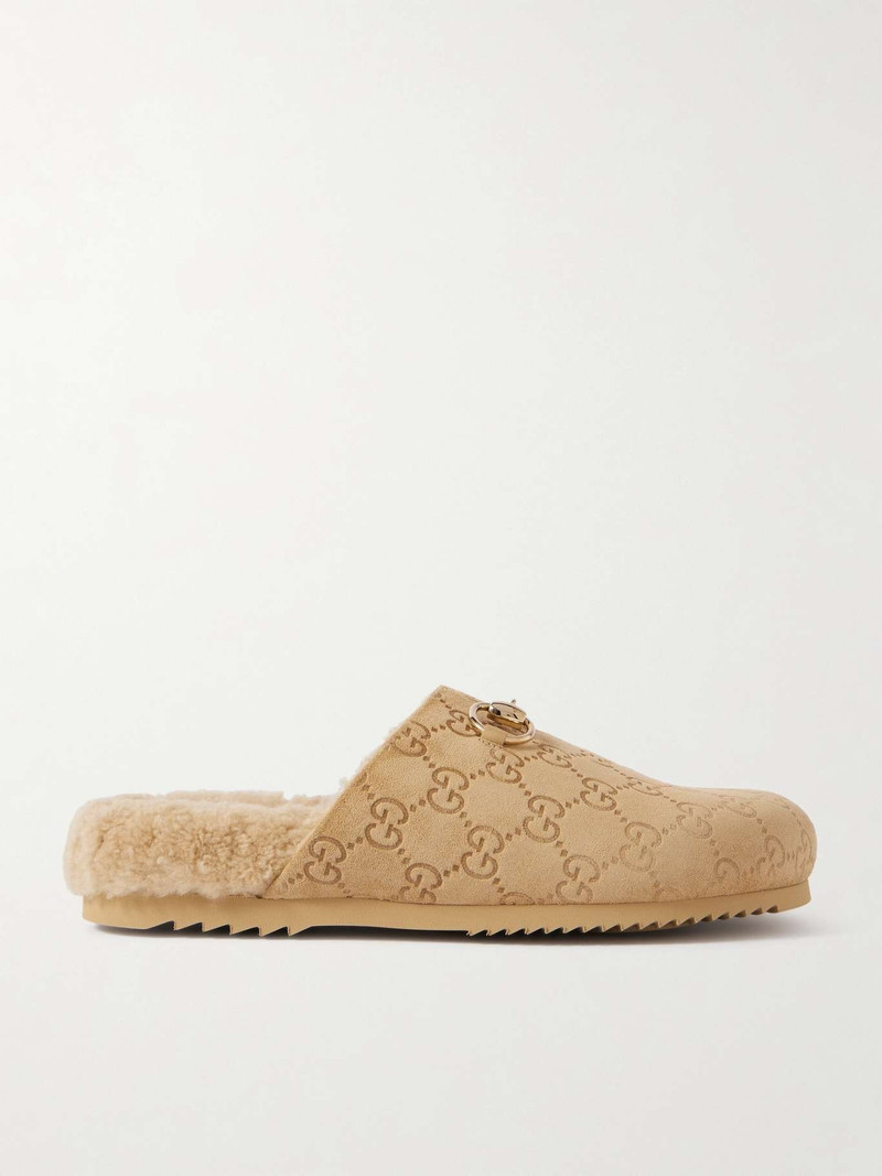 Sol horsebit-detailed debossed shearling-trimmed suede slippers - 1