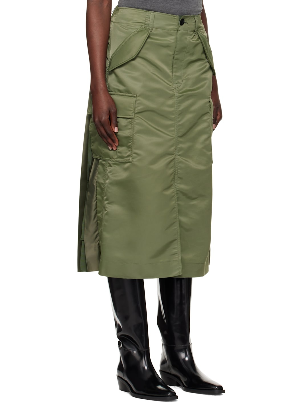 Khaki Nylon Twill Midi Skirt - 2