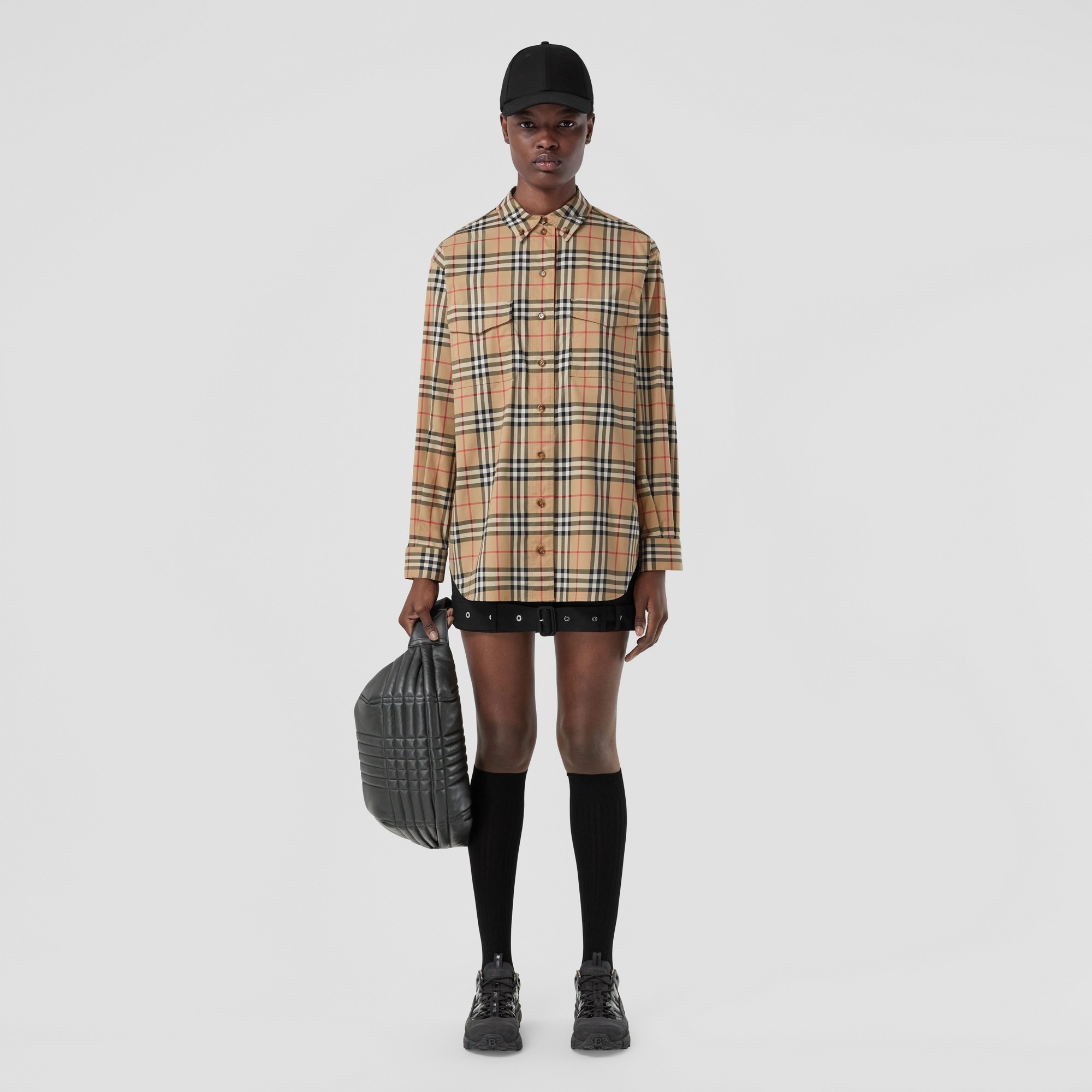 Vintage Check Stretch Cotton Oversized Shirt - 6