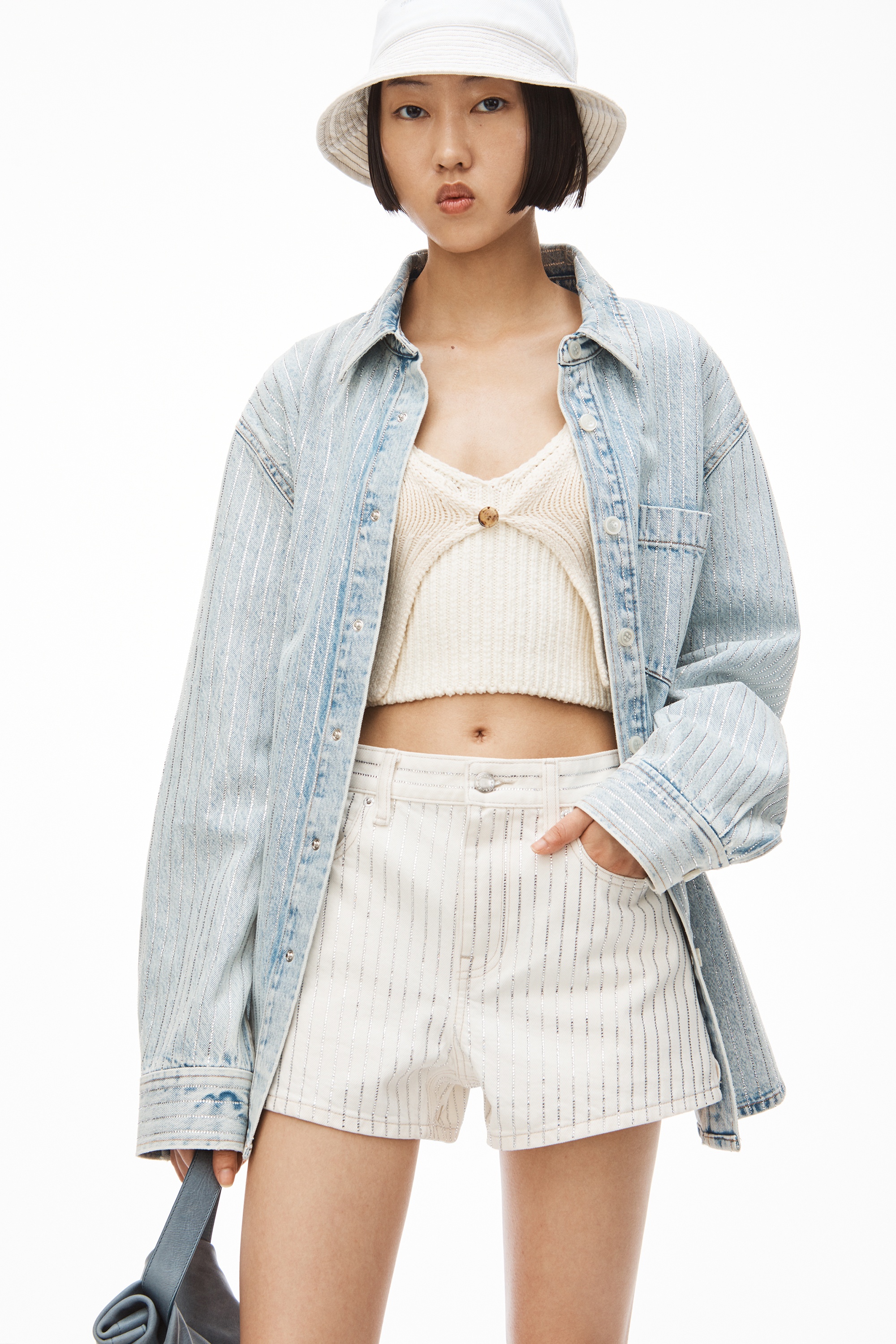 CRYSTAL STRIPE BITE SHORT IN DENIM - 6