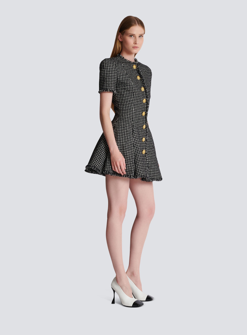 Pleated flared dress in gingham tweed 3
