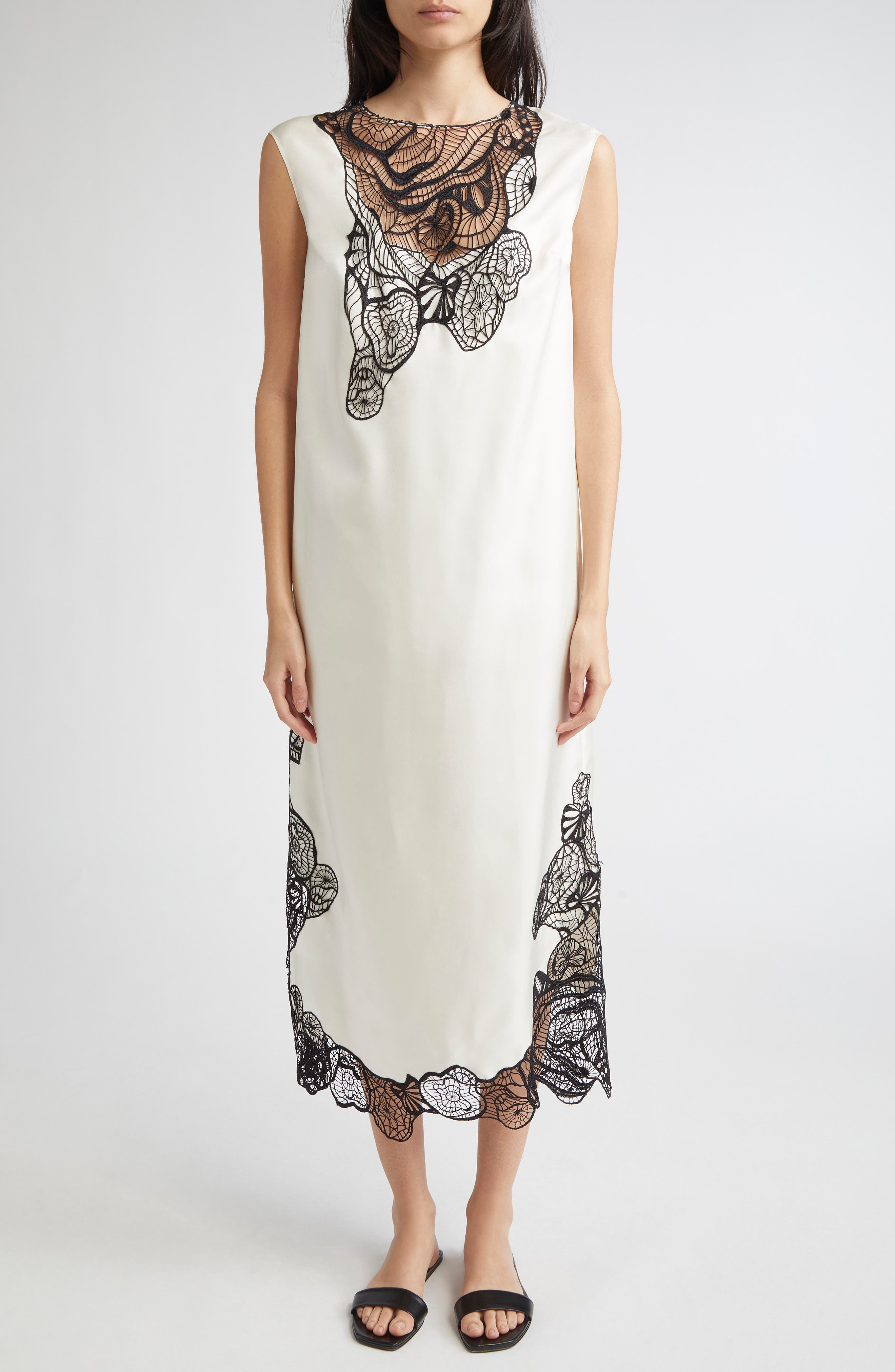 LOULOU DE SAISON Uma Lace Trim Silk Twill Maxi Dress in Ivory/Black at Nordstrom - 1
