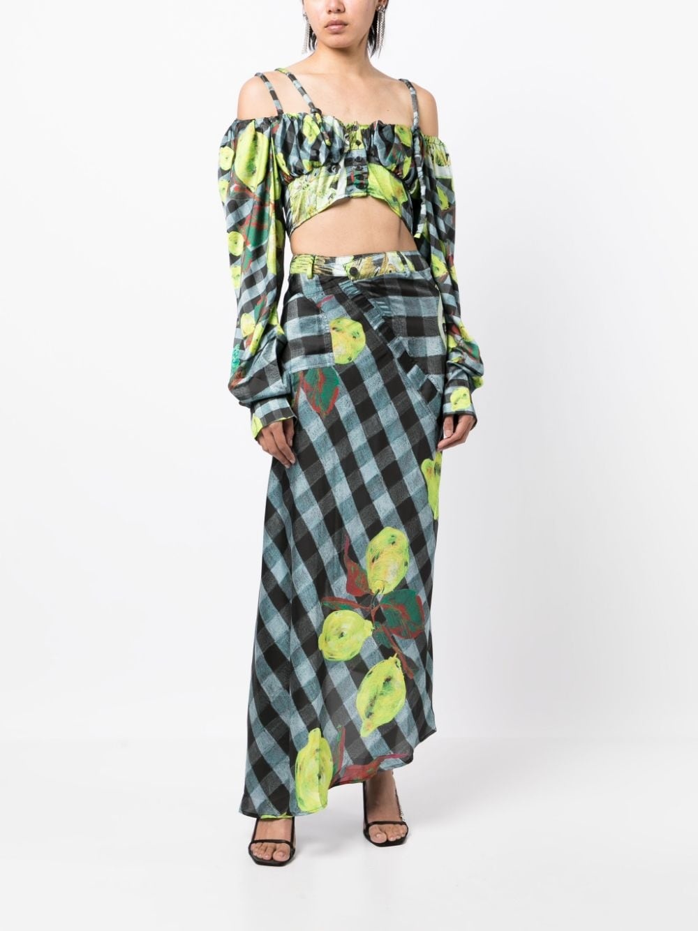 lemon-checked-print off-shoulder top - 2