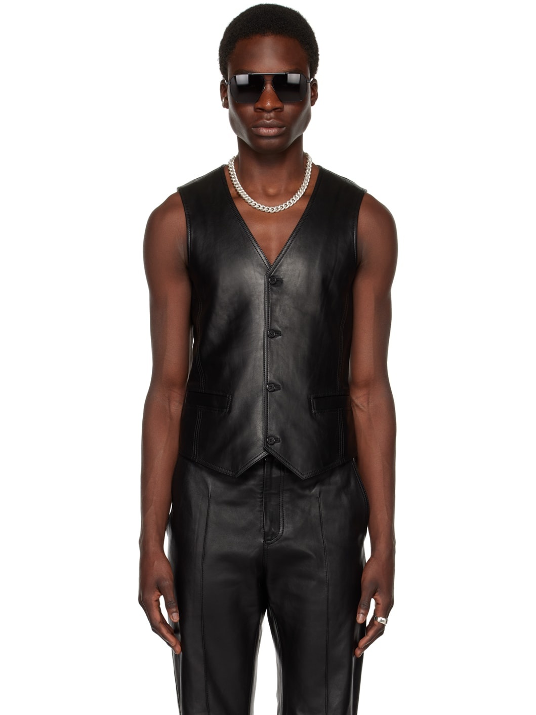 Black Tailored Leather Waistcoat - 2