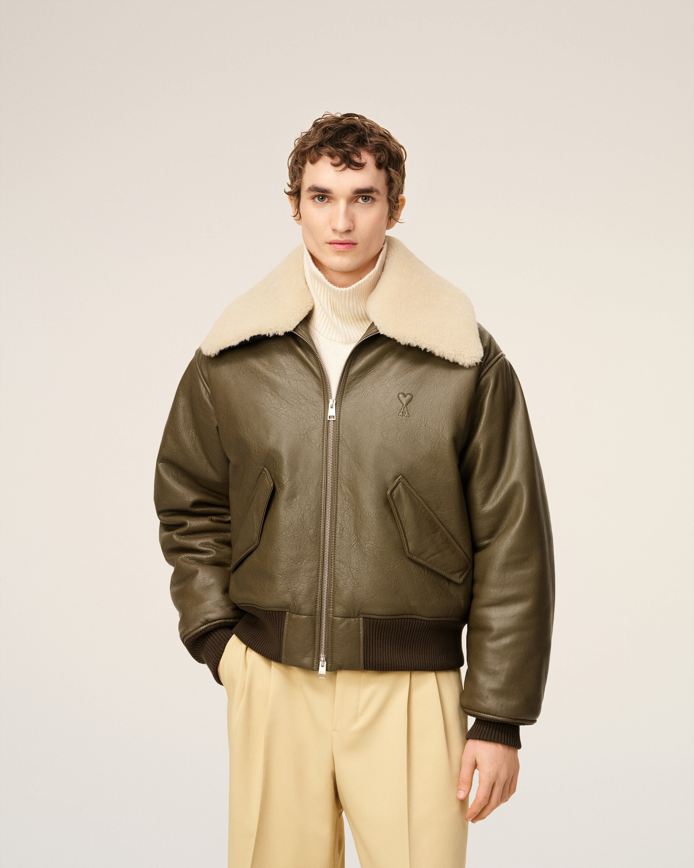 GREEN LEATHER ZIPPED JACKET - 3