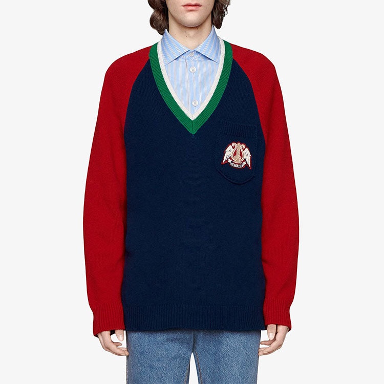 Gucci V-neck Wool Sweater With Lyre 'Blue' 575504-XKATG-4278 - 3