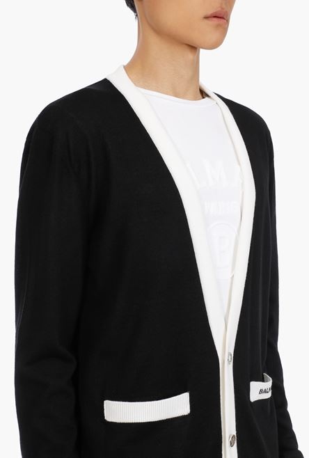 Black and white wool cardigan with small embroidered black Balmain logo - 8