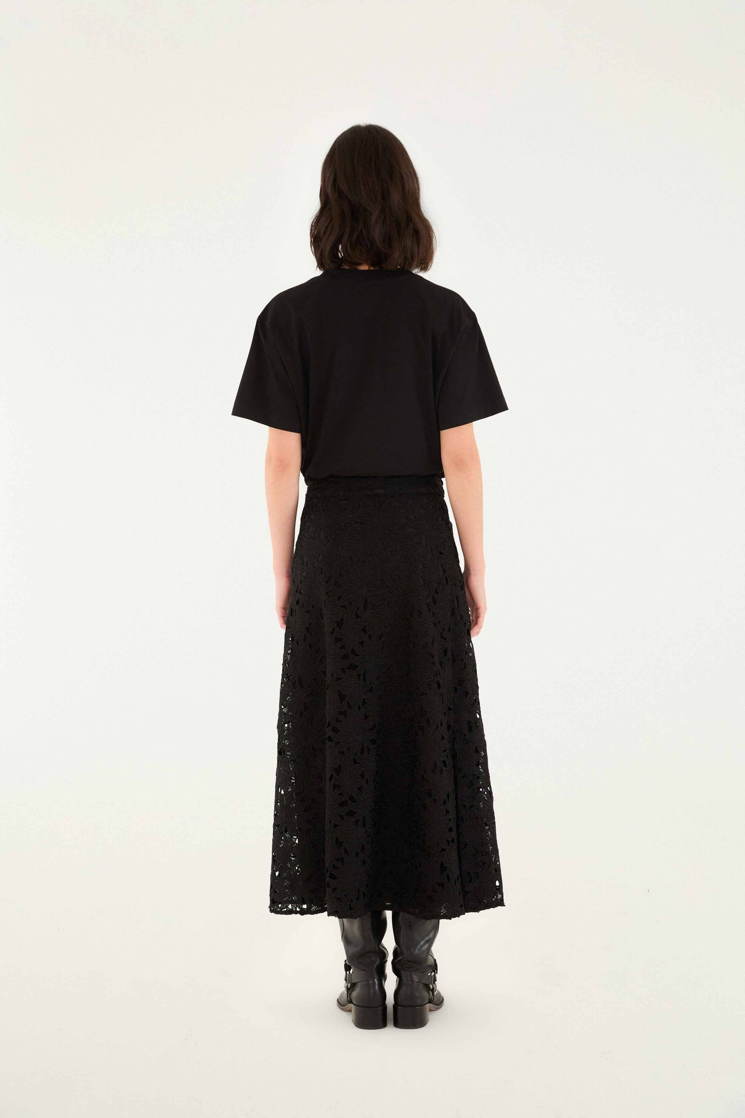 Black Flowered Lace Midi Skirt - 4