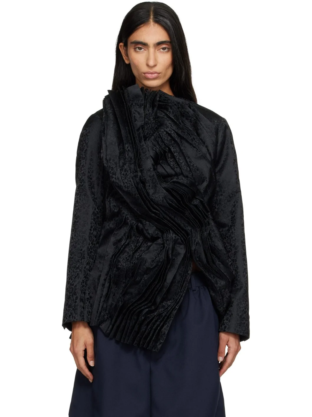 Black Jacquard Flower Pattern Jacket - 1