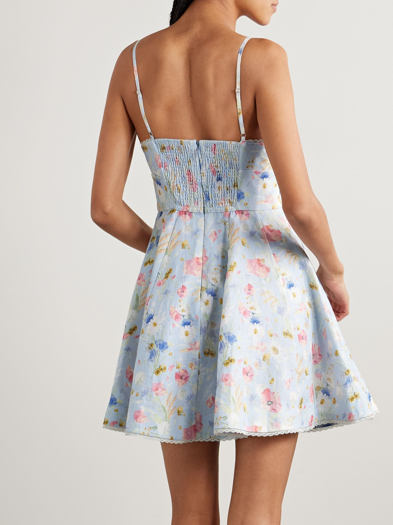 Lucky lace-trimmed floral-print linen mini dress Light blue - 3