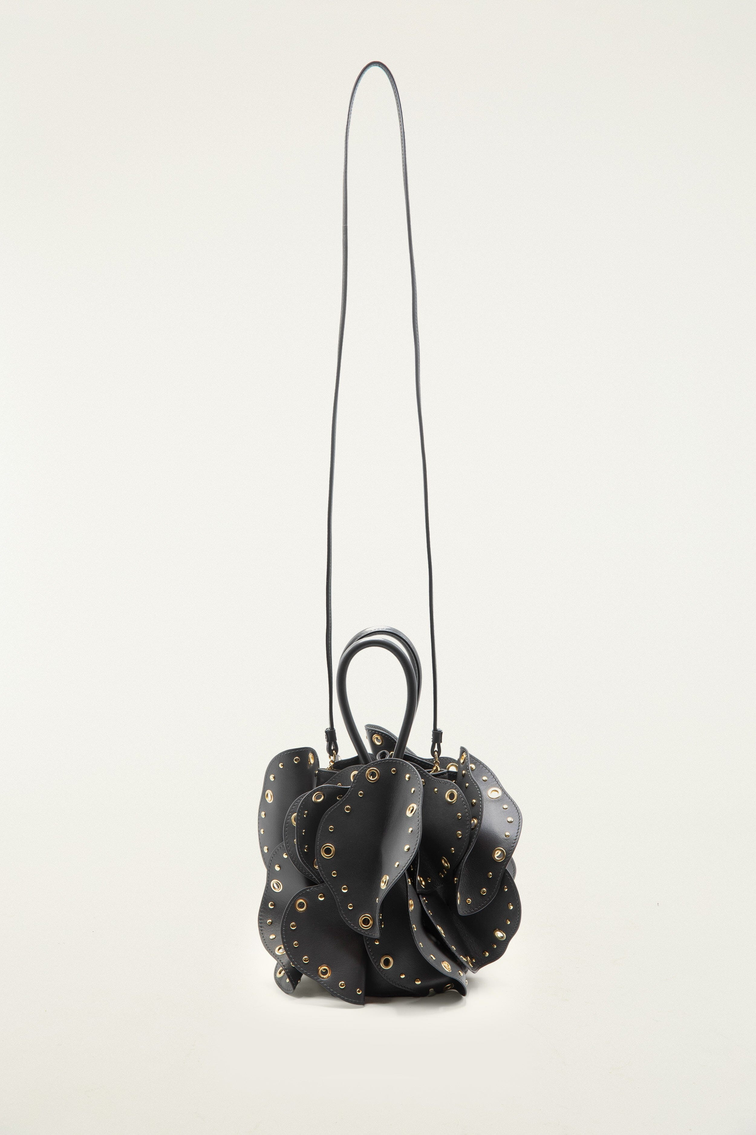 Black Leather Studded Flower Bag - 5
