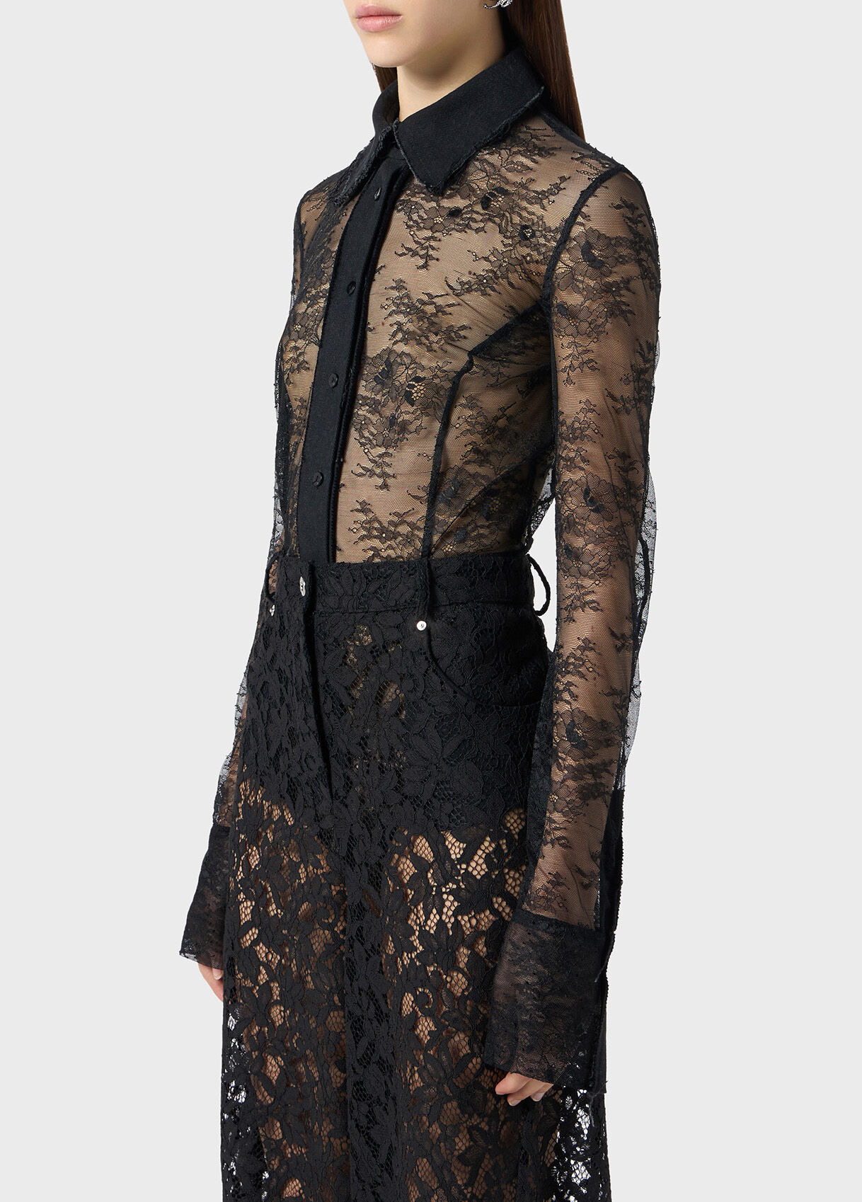 VALENCIENNES LACE BODY-SHIRT WITH DENIM INSERTS - 4
