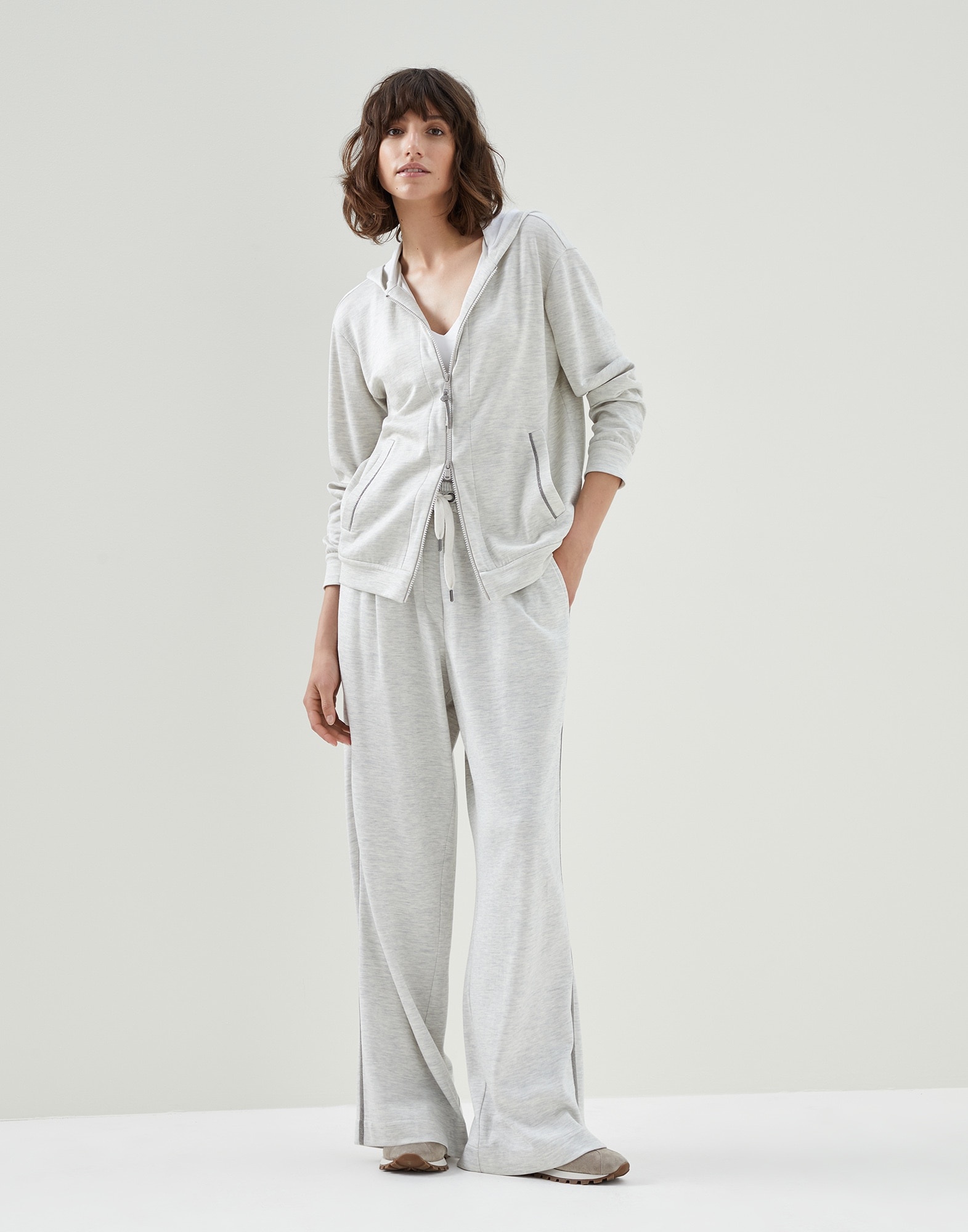 Comfort cotton and silk interlock wide trousers with precious stripe - 4