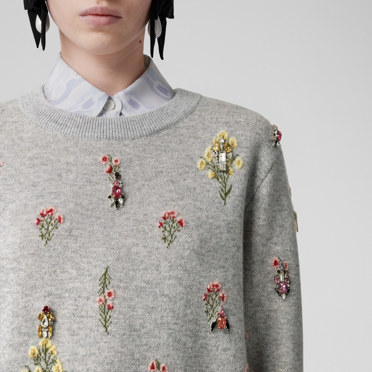 Crystal Embroidered Floral Wool Blend Sweater - 2