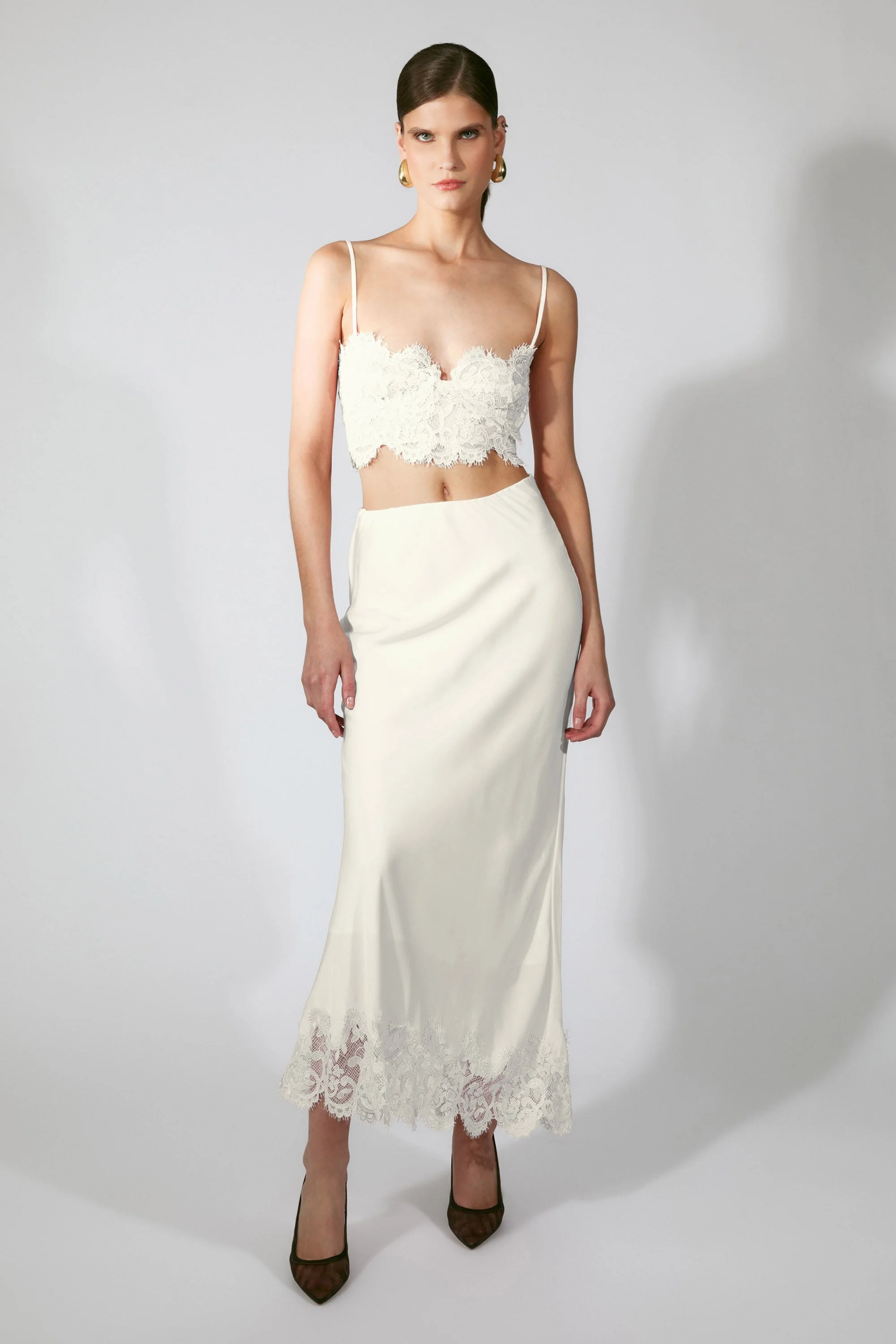 Elisan Lace Satin Midi Skirt In Ivory - 1