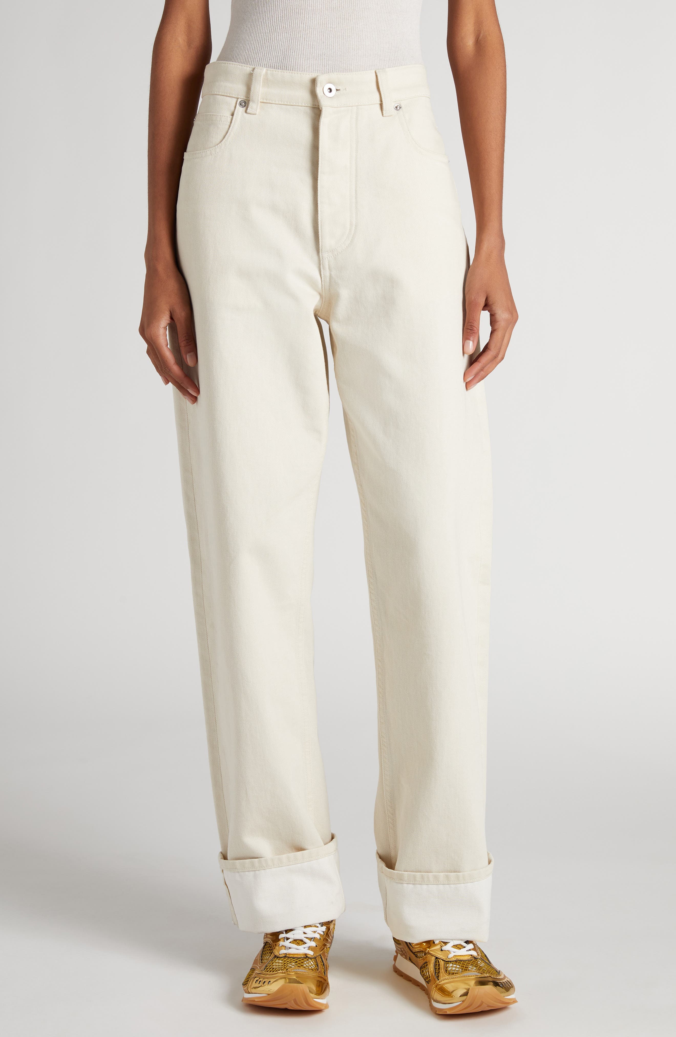 Bottega Veneta Turned Up Straight Leg Jeans in 9247 Pale Meringue at Nordstrom - 1