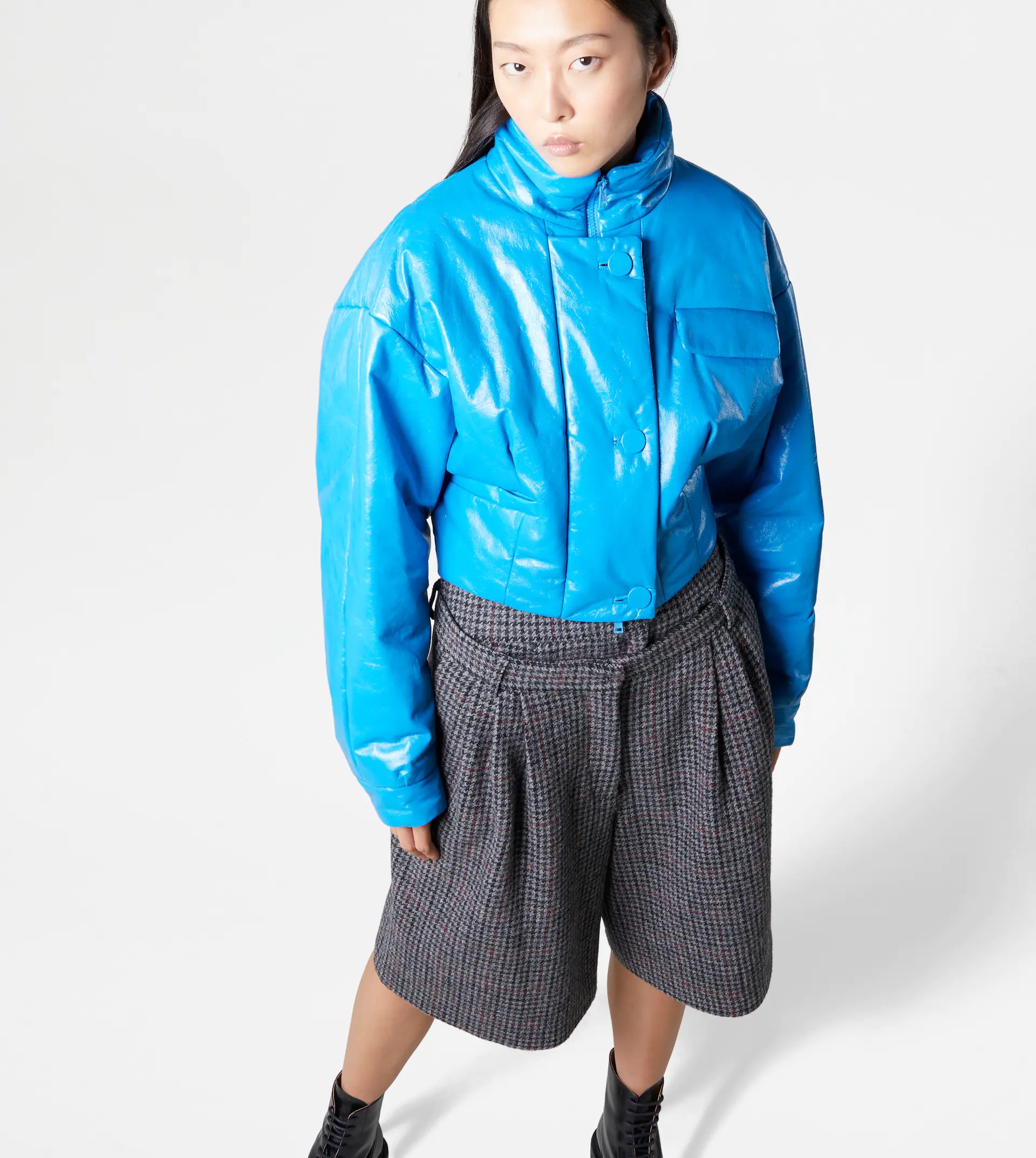 CROPPED PADDED LEATHER JACKET - BLUE - 6